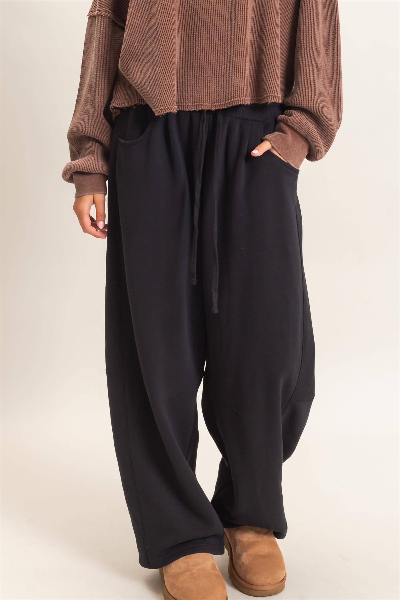 Wholesale Drawstring Waist Barrel Sweatpants Pants DZ26E290 BLACK DOUBLE ZERO