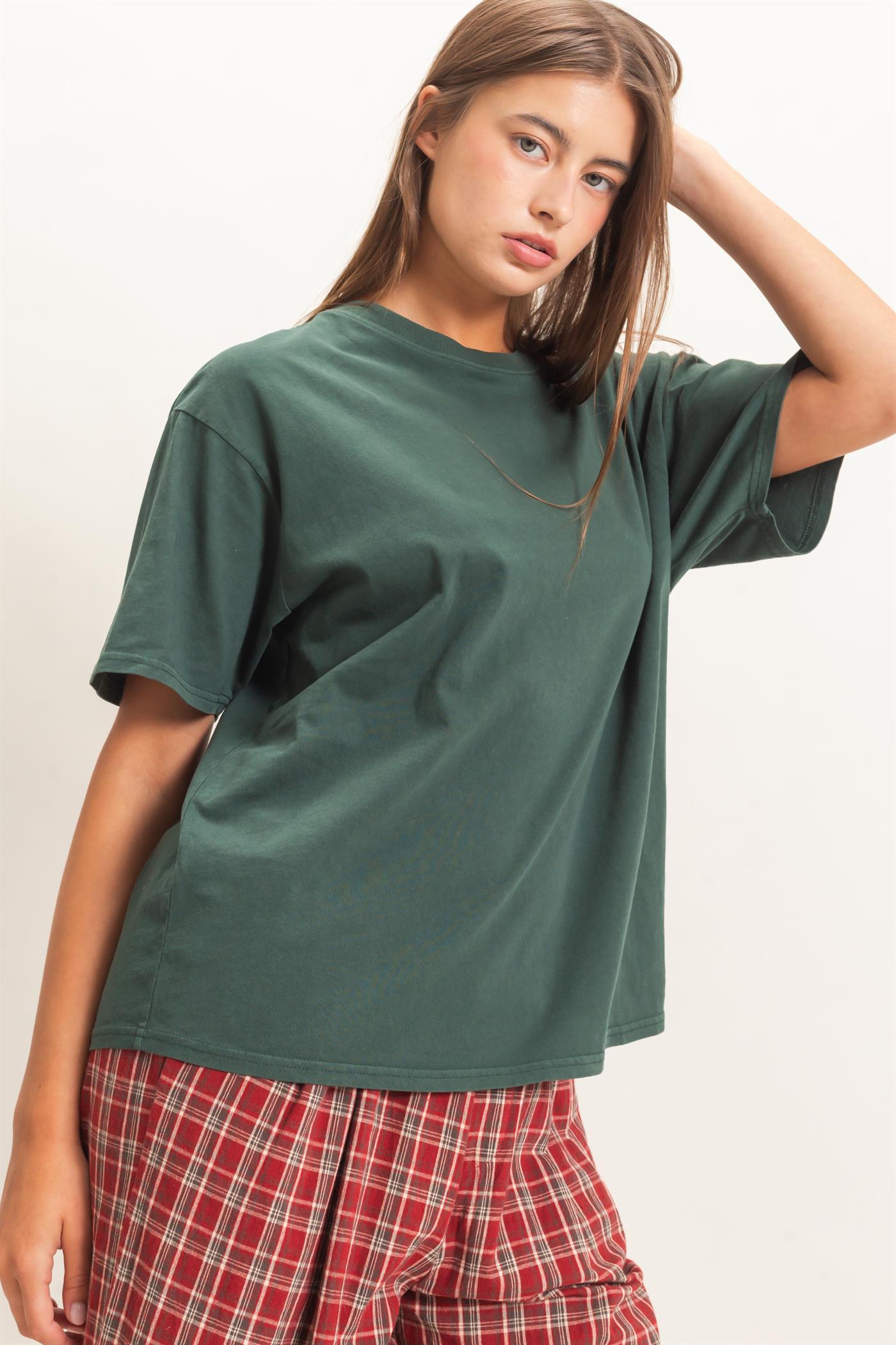 Wholesale Crew Neck Pigment Dye T-Shirt Clothing Tops DZ26E448 DARK GREEN DOUBLE ZERO