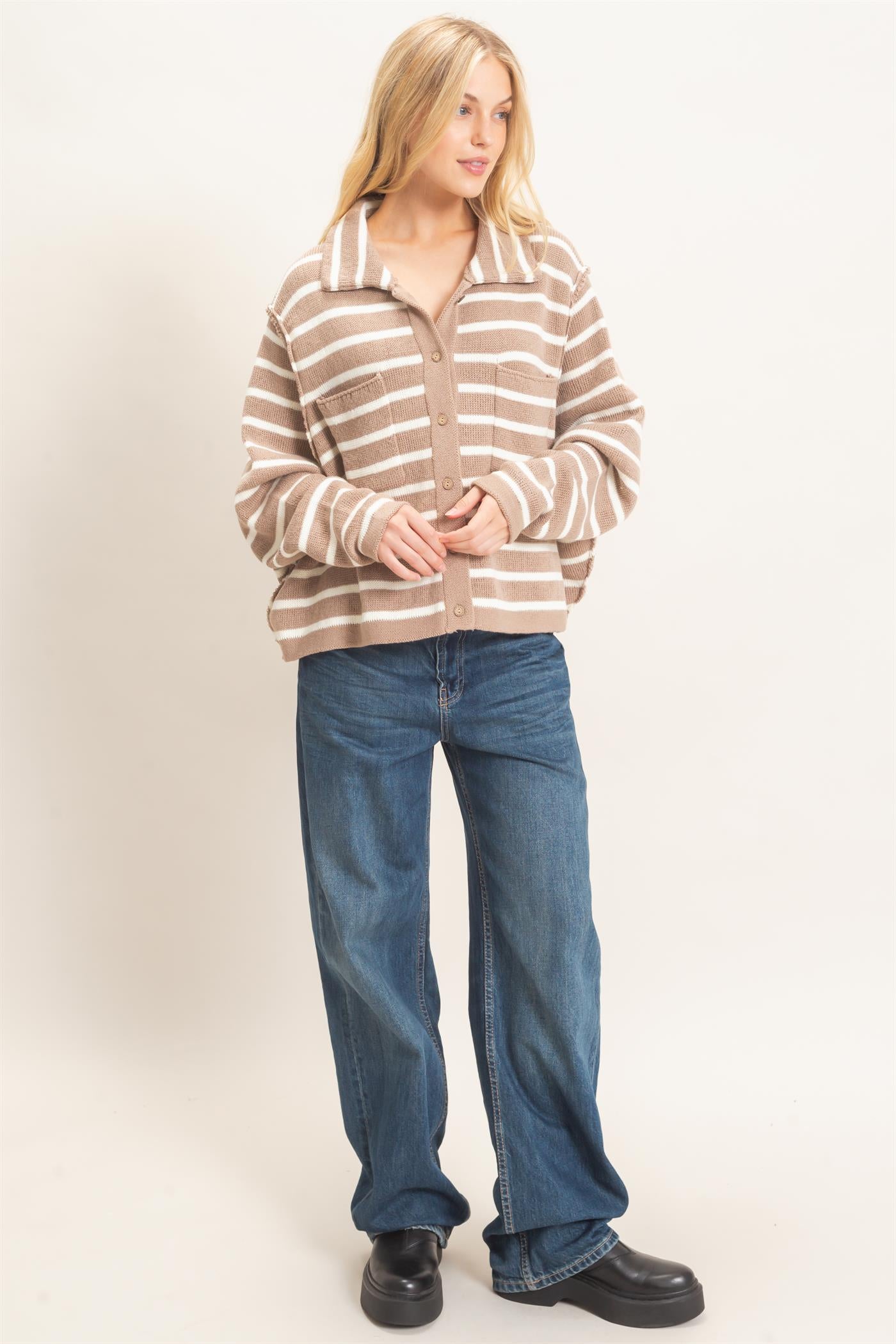 Wholesale Striped Button Front Cardigan Sweaters HF26F197 TAUPE HYFVE