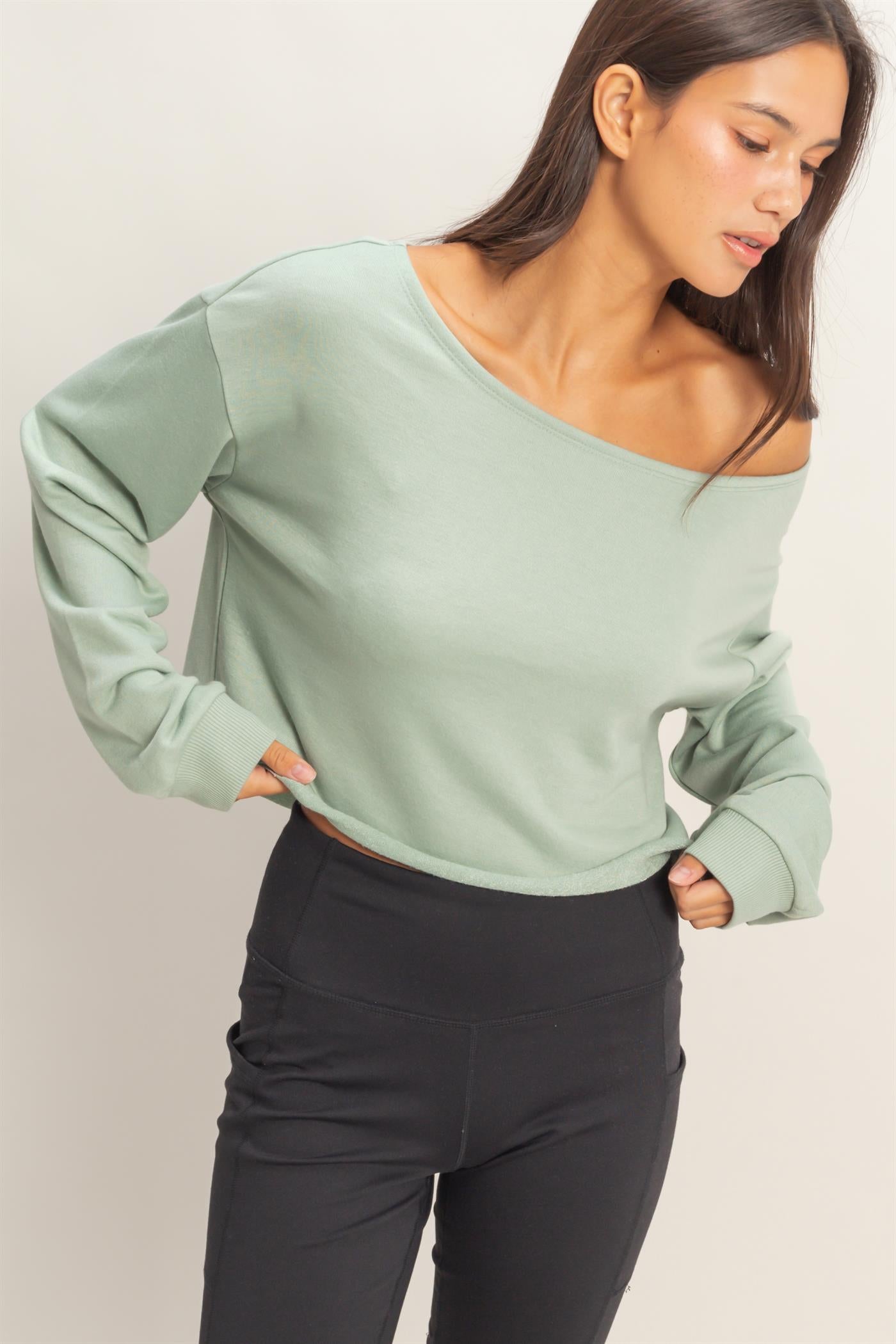 Wholesale Casually Cute Boat Neck Long Sleeve Top Clothing Tops DZ25C023 SAGE GREEN DOUBLE ZERO