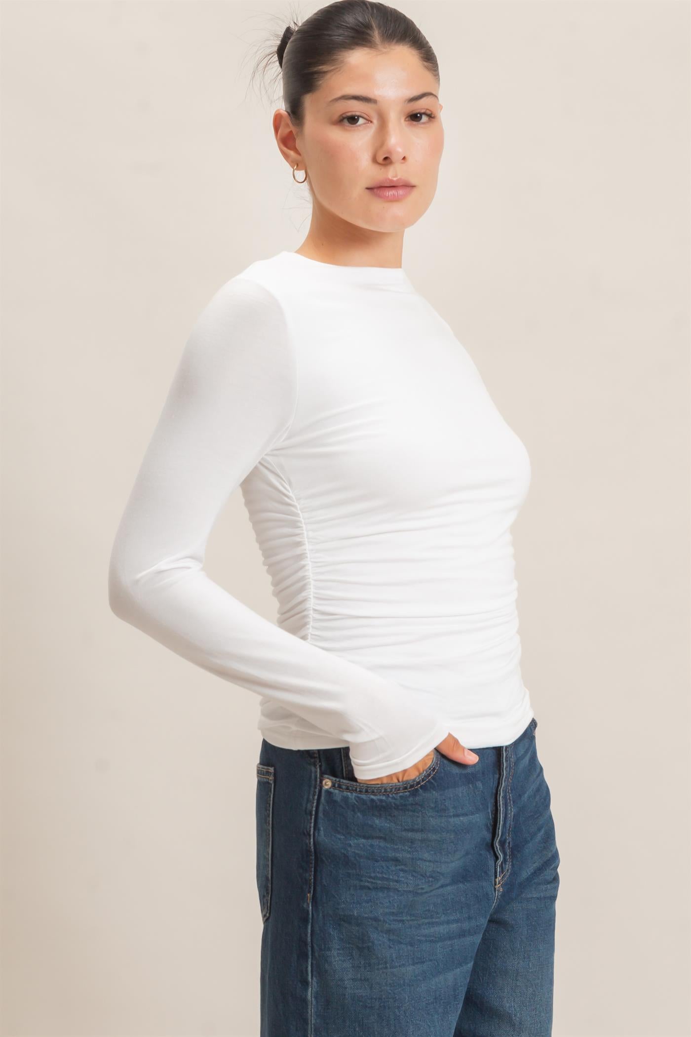Wholesale Ruched Long Sleeve Top Clothing Tops HF26E776 OFF WHITE HYFVE