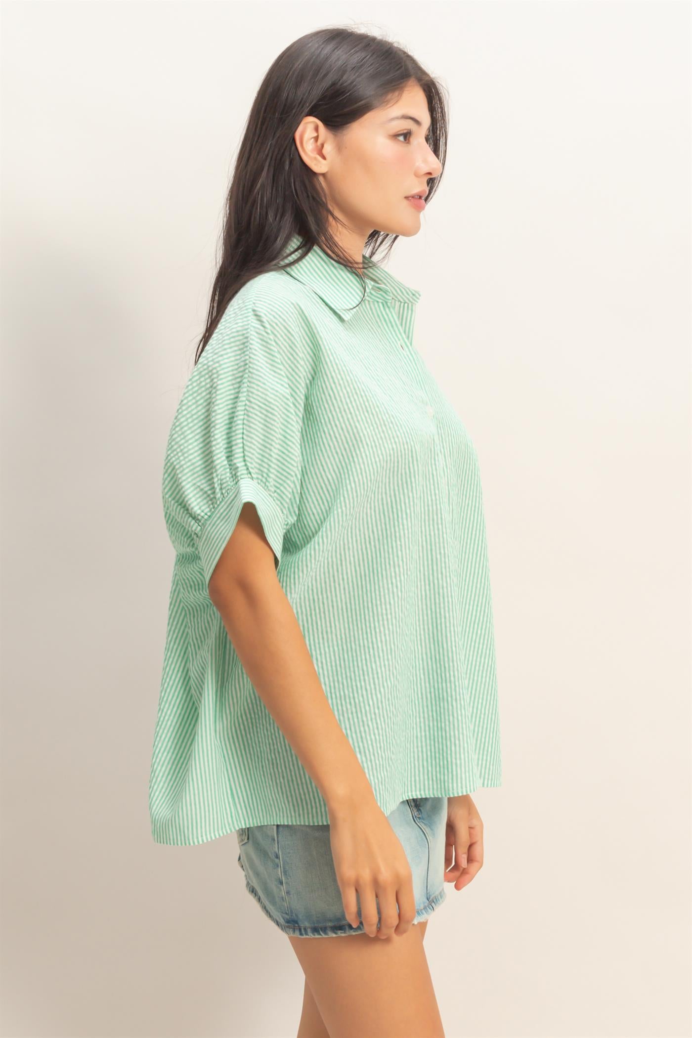 Wholesale Striped Short Sleeve Button-Front Blouse T-Shirts DZ26C276 GREEN DOUBLE ZERO