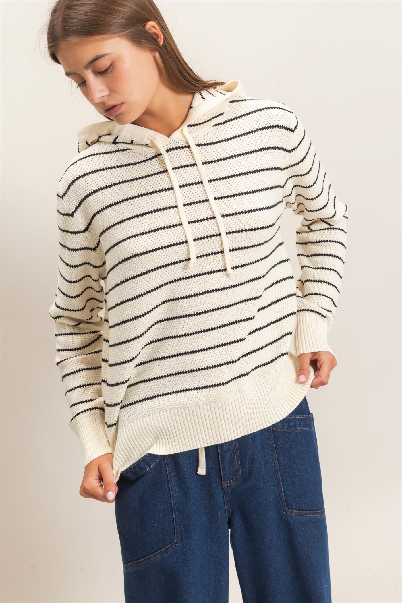 Wholesale Striped Hooded Sweater Hoodies DZ26C972 CREAM DOUBLE ZERO