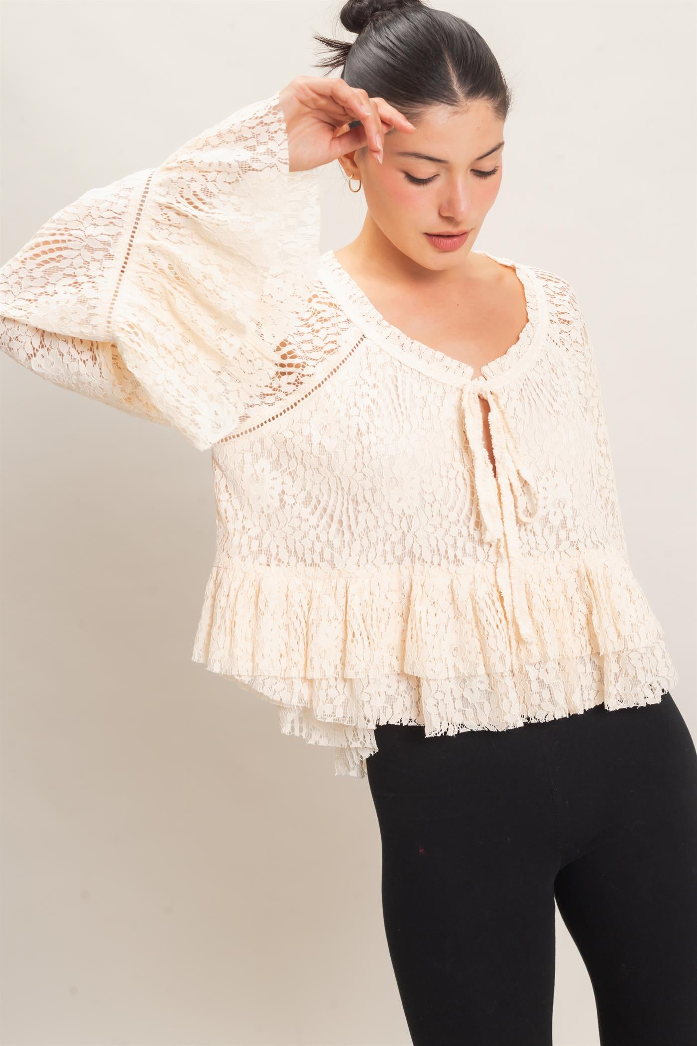 Wholesale Lace Bell Sleeve Top Blouses HF26C768 CREAM HYFVE