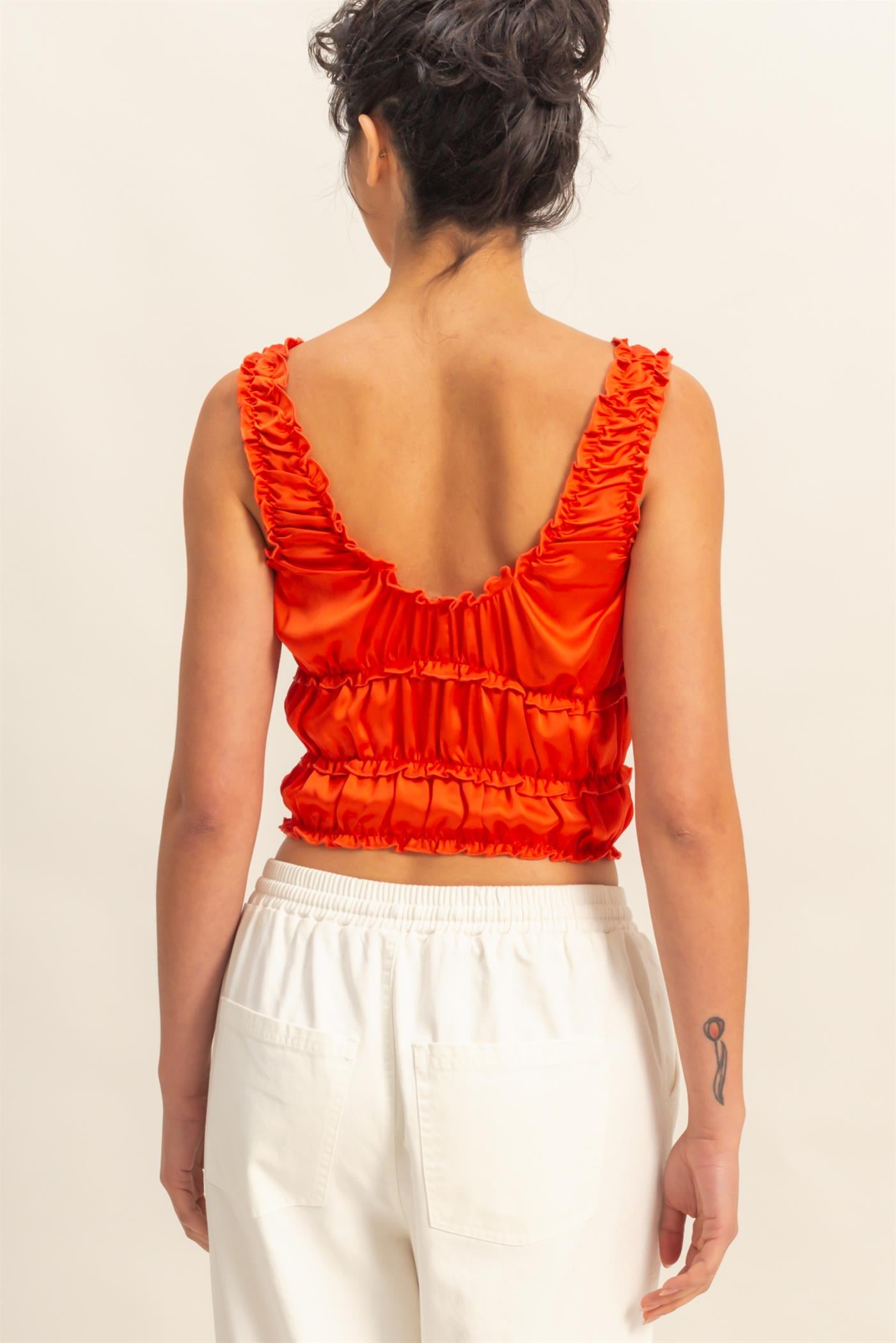 Wholesale Ruched Satin Sleeveless Crop Top Clothing Tops DZ25C172 TOMATO DOUBLE ZERO