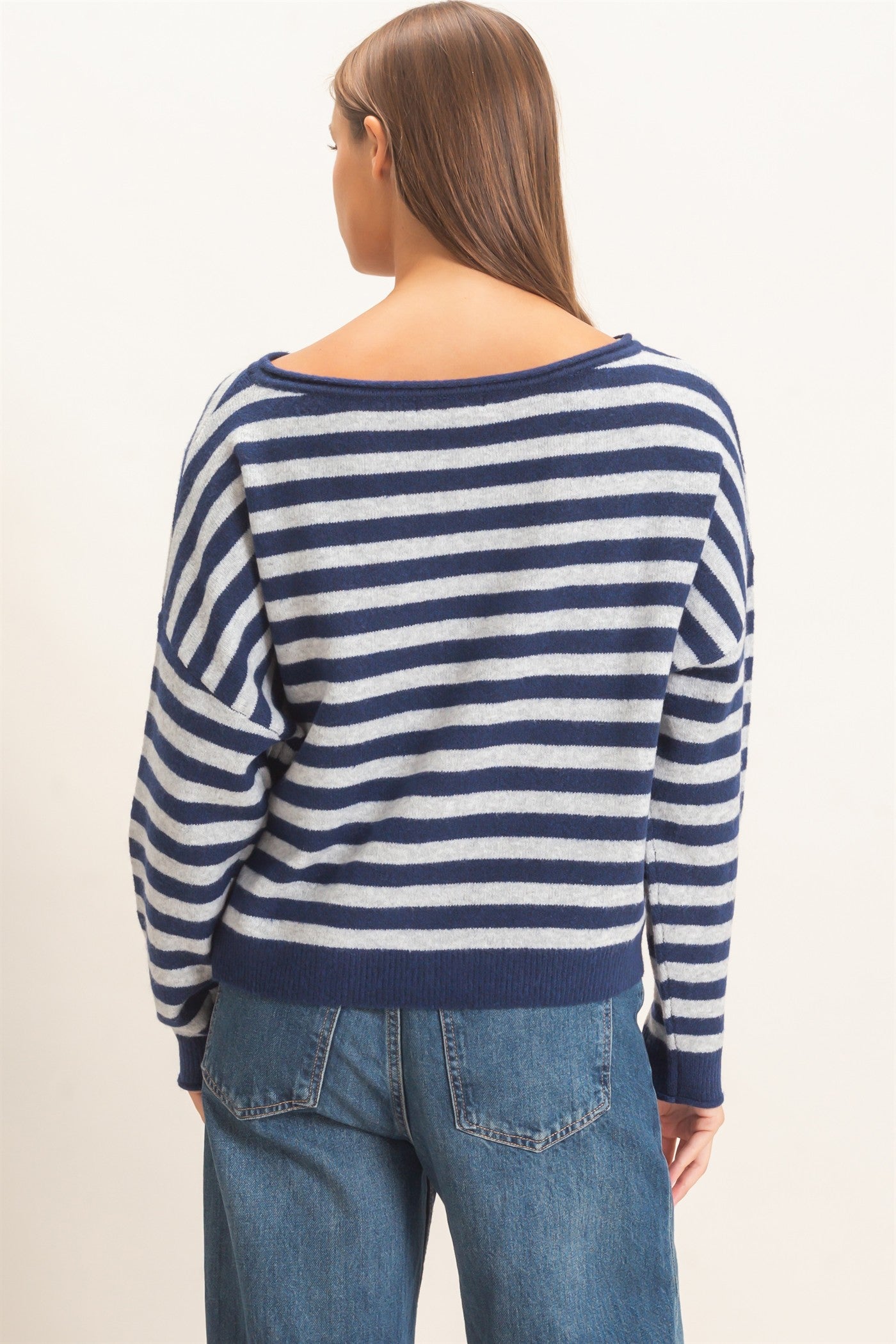 Wholesale Off The Shoulder Striped Sweater Sweaters DZ26E653 NAVY DOUBLE ZERO