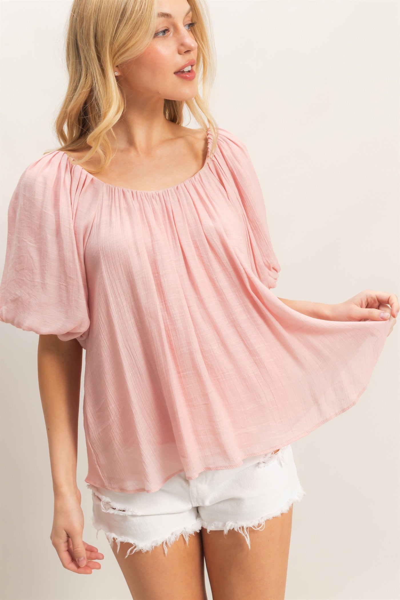 Wholesale Gathered Puff Sleeve Blouse Blouses HF26C307 BLUSH HYFVE