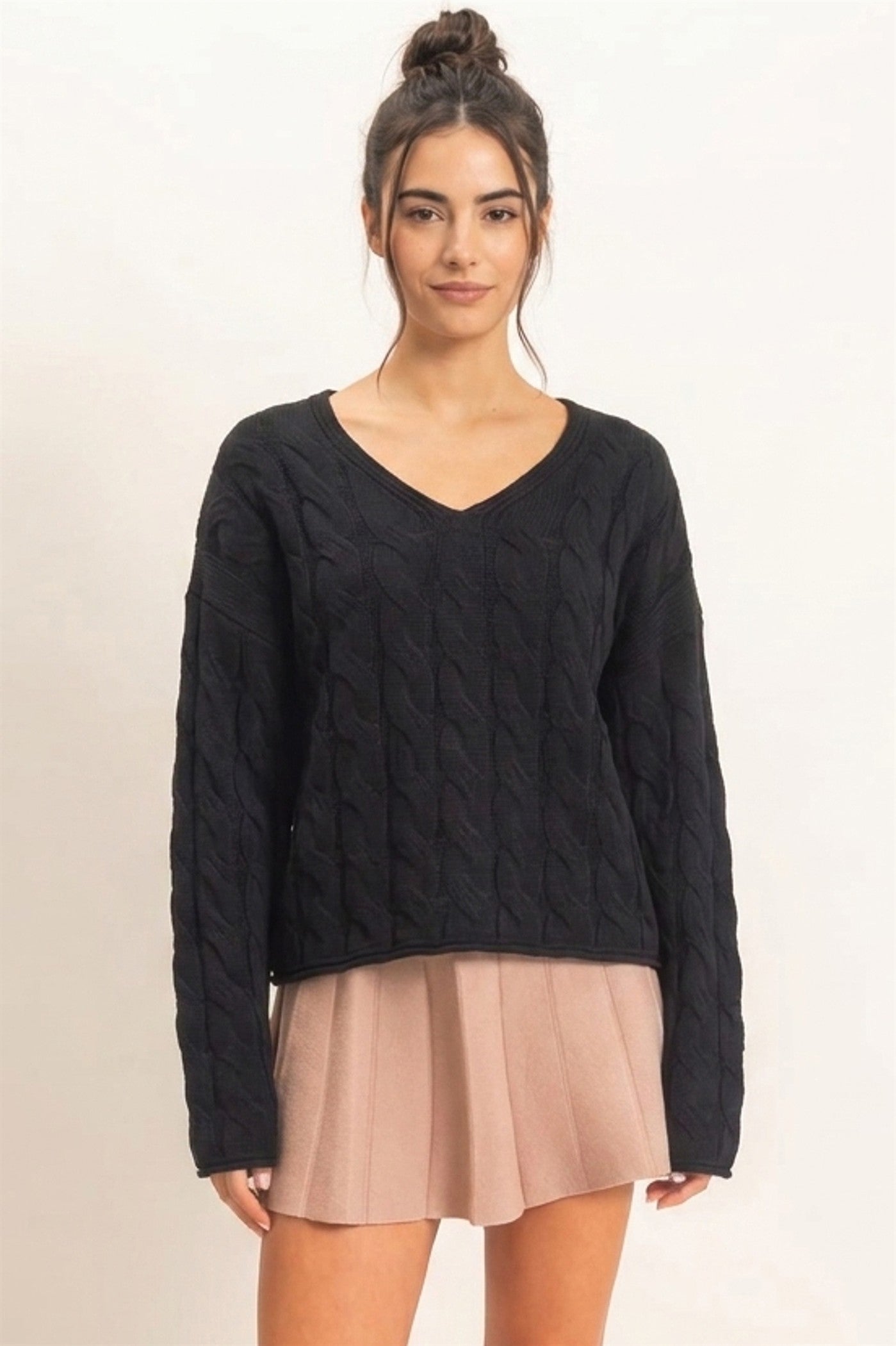 Wholesale Cable Knit V-Neck Sweater Sweaters DZ26E087 BLACK DOUBLE ZERO