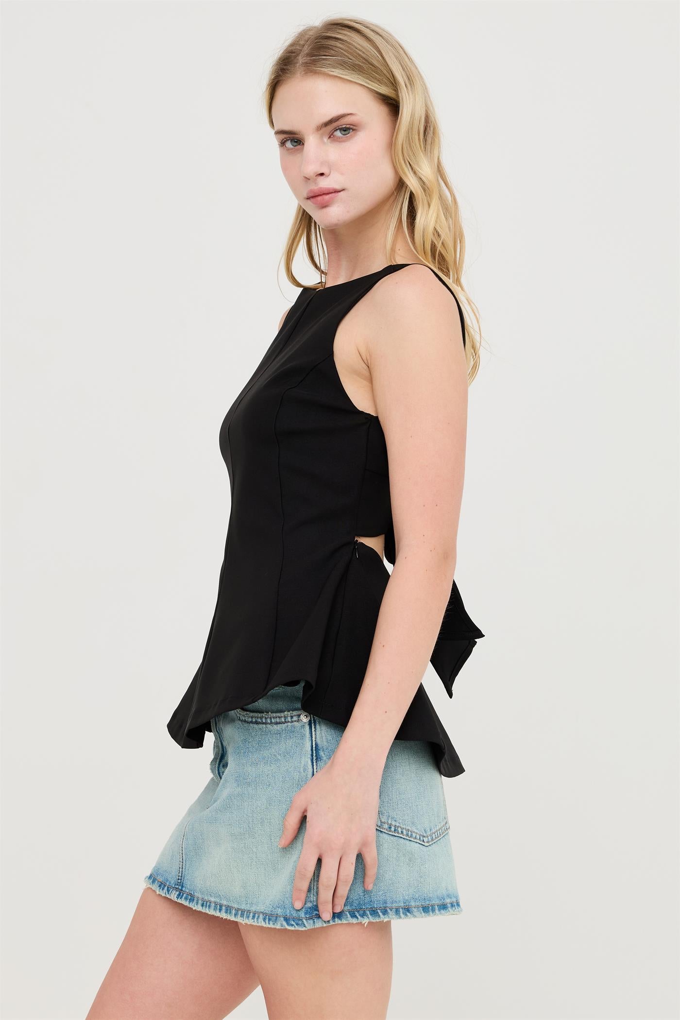 Wholesale Sleeveless Open Back Peplum Top Clothing Tops HF26A292 BLACK HYFVE