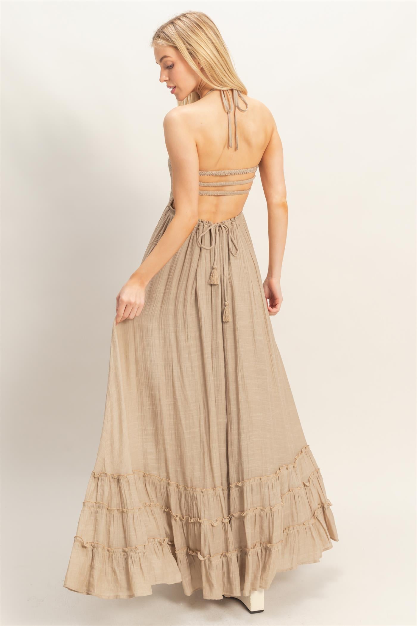Wholesale Smocked Halter Maxi Dress Dresses HF26C290-D TAUPE HYFVE