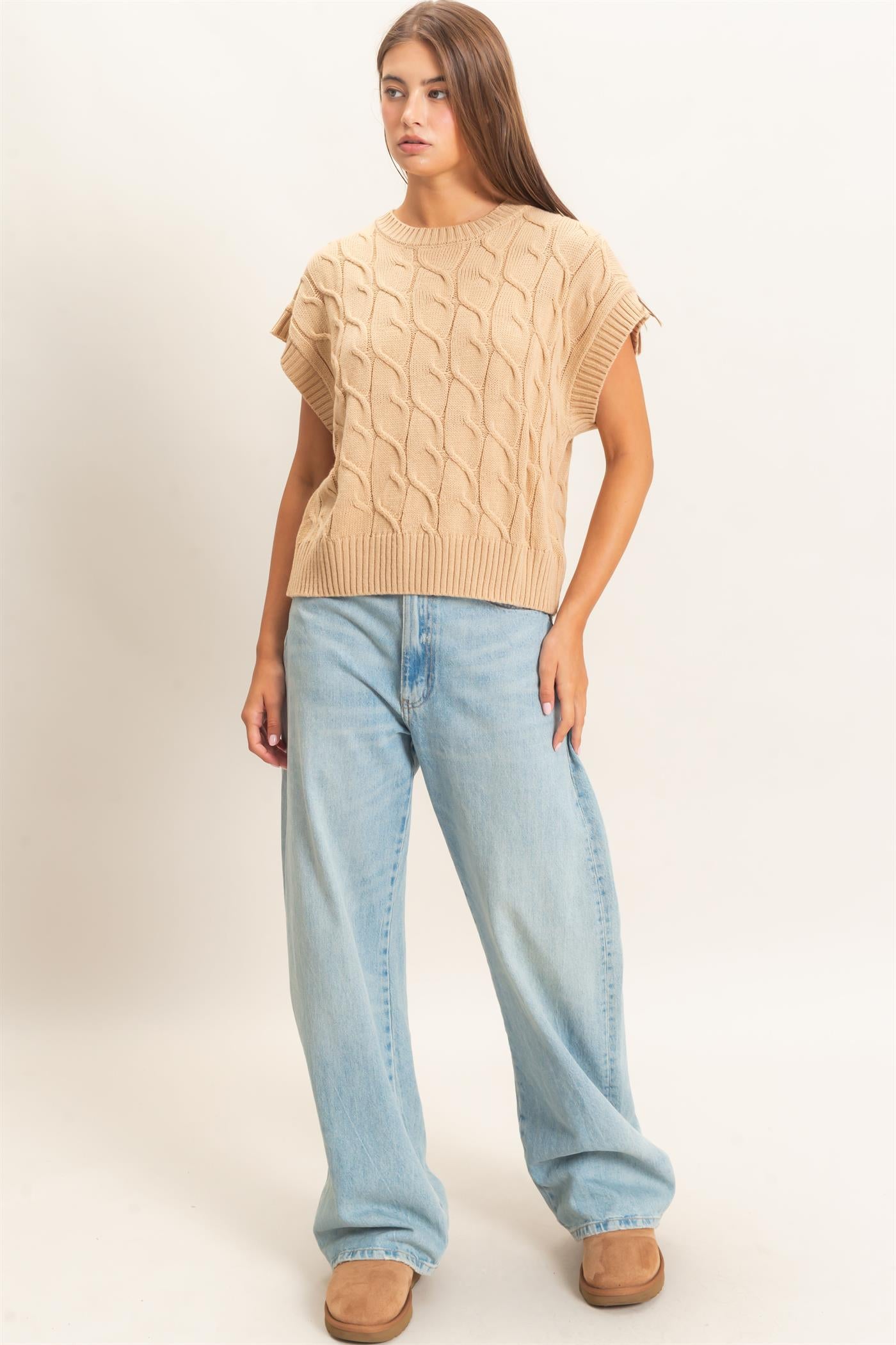 Wholesale Cable Knit Cap Sleeve Sweater Sweaters DZ26C974 TAUPE DOUBLE ZERO