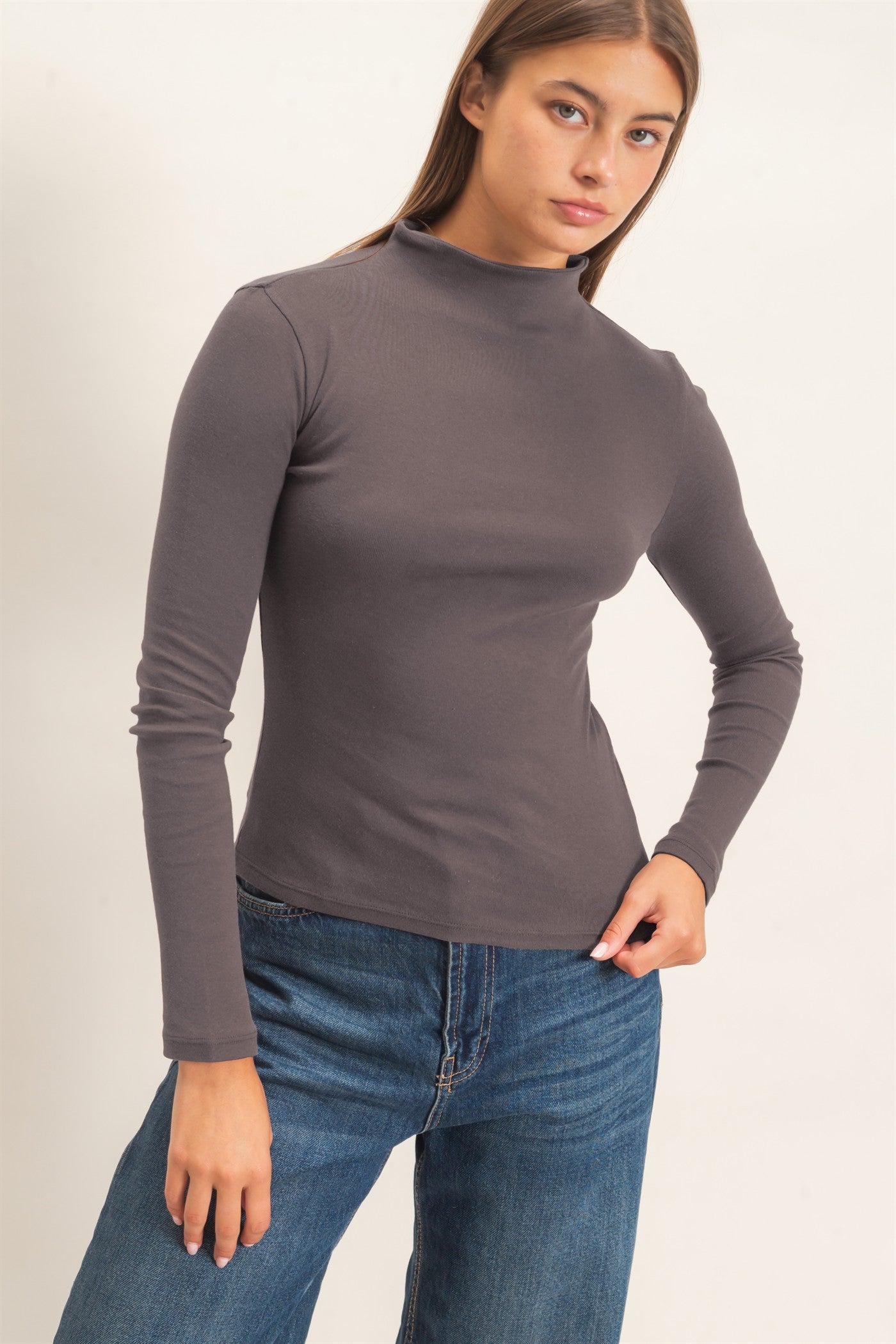 Wholesale Mock Neck Long Sleeve Top Clothing Tops DZ26F281 CHARCOAL DOUBLE ZERO