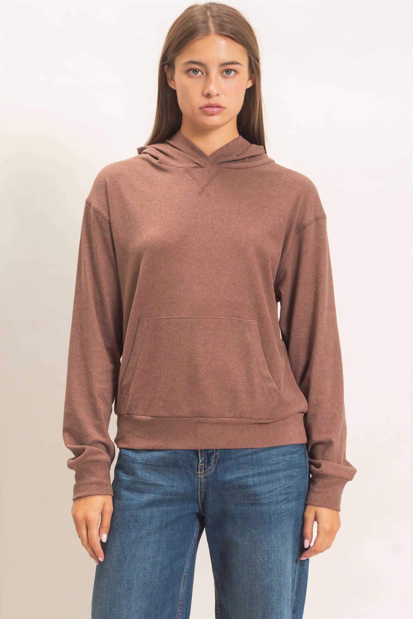 Wholesale Long Sleeve Hoodie With Kangaroo Pocket Hoodies DZ26F276 DARK BROWN DOUBLE ZERO