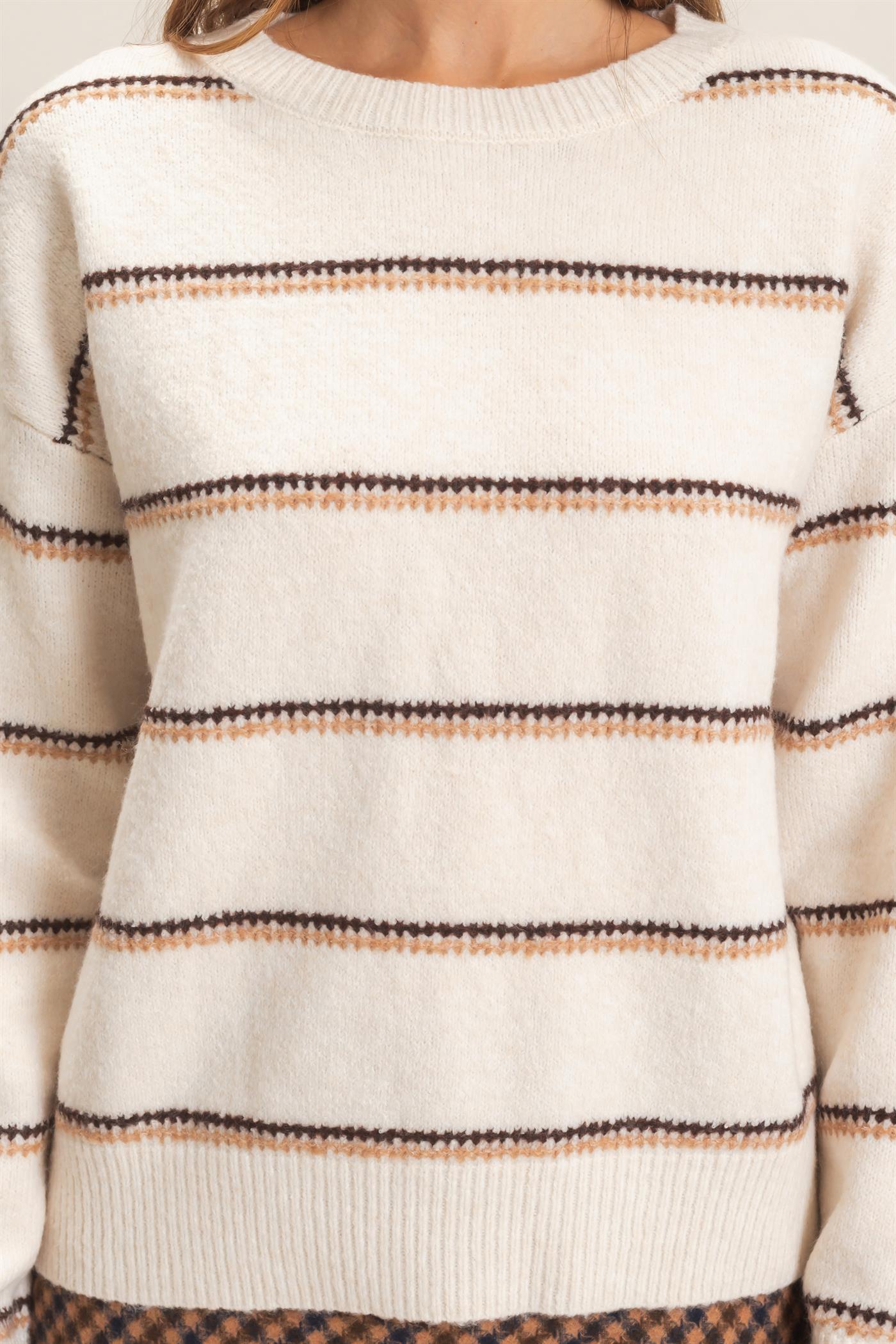 Wholesale Striped Crew Neck Sweater Sweaters HF26E696-D OATMEAL HYFVE