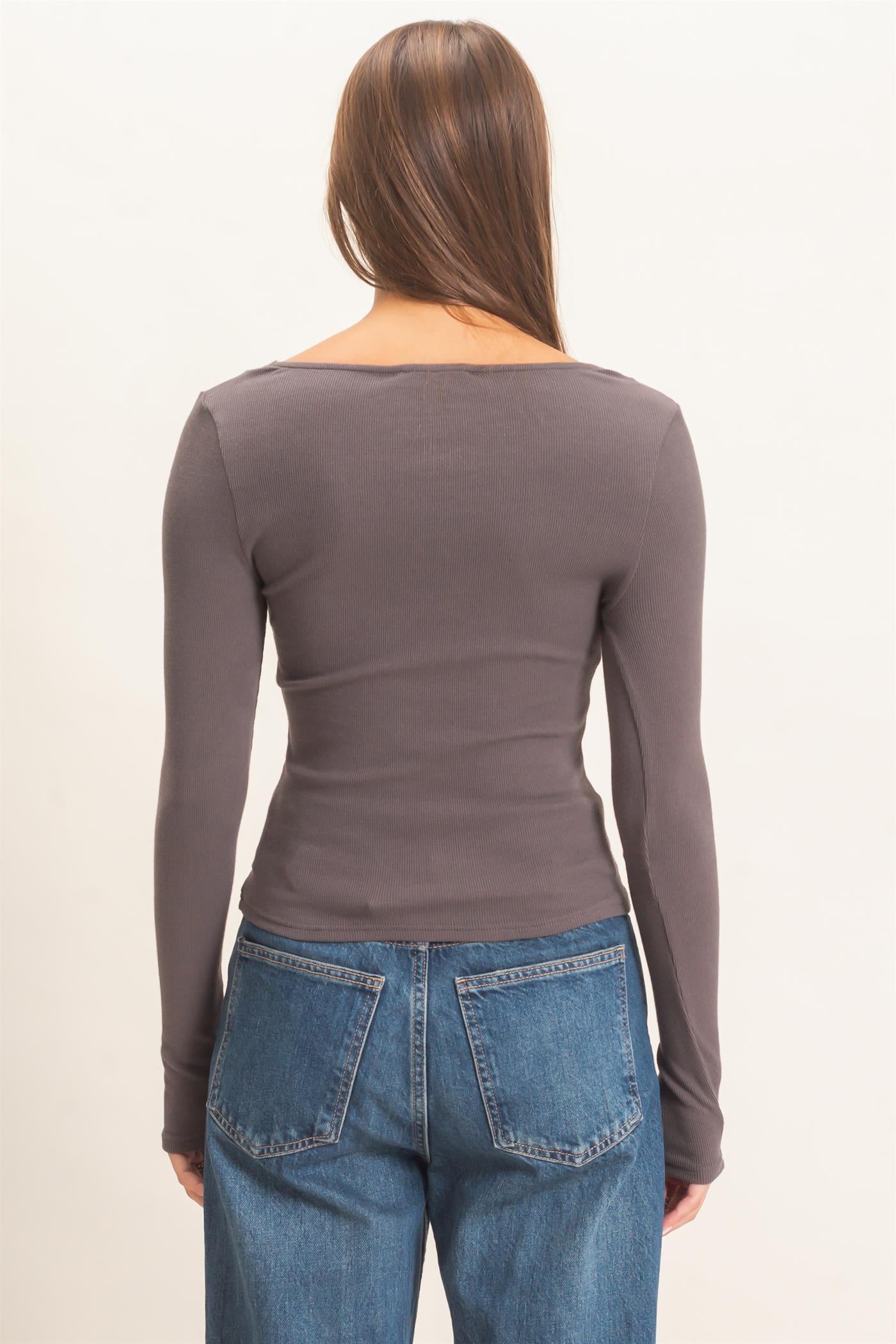 Wholesale Lace Trim V-Neck Top Clothing Tops DZ26E913 CHARCOAL DOUBLE ZERO