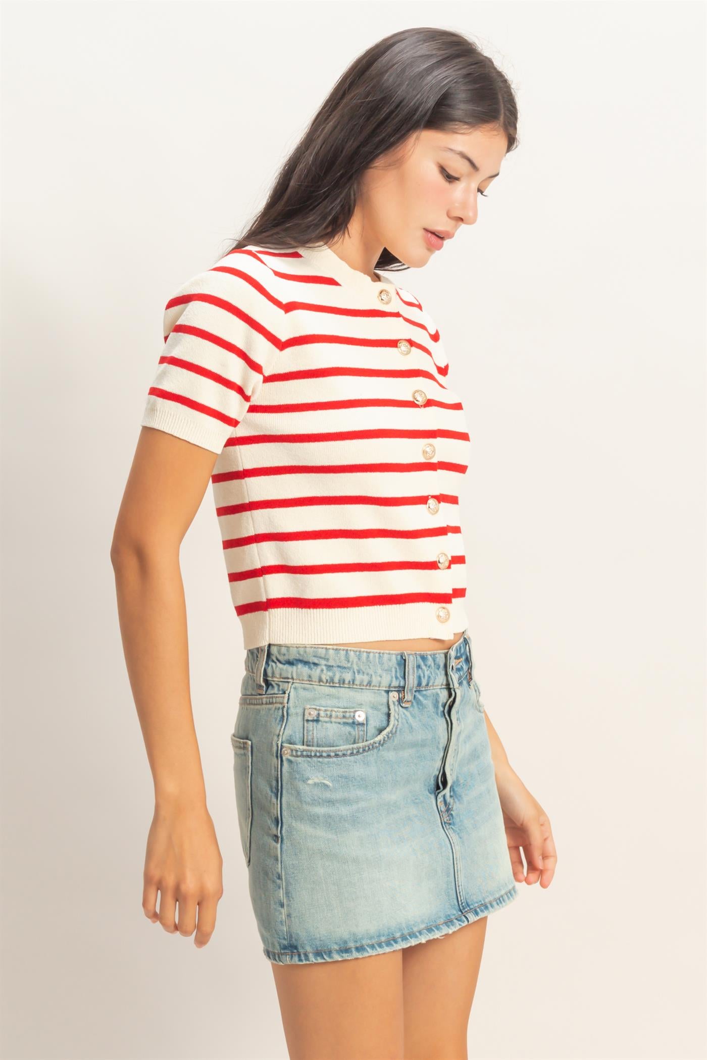 Wholesale Striped Short Sleeve Button Up Cardigan Cardigans DZ26A604 RED DOUBLE ZERO