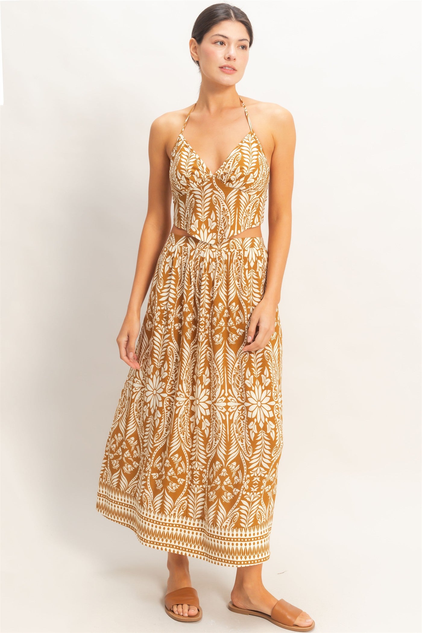 Wholesale Tropical Halter & Skirt Set Clothing HF26A863-SET BROWN HYFVE