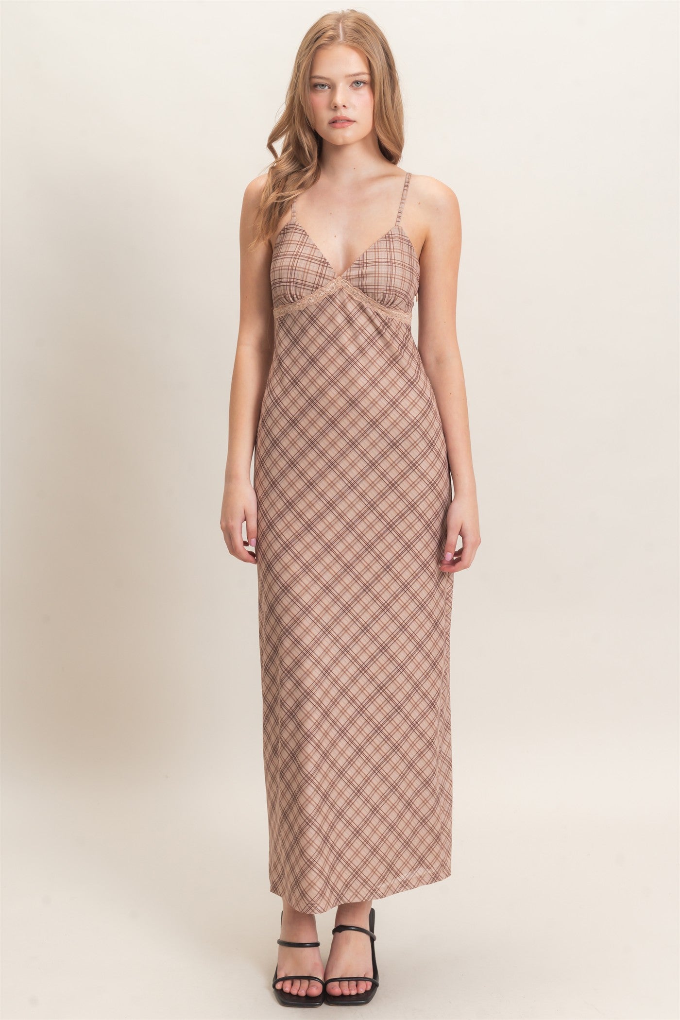 Wholesale Plaid Spaghetti Strap Midi Dress Dresses HF26E709 BEIGE HYFVE