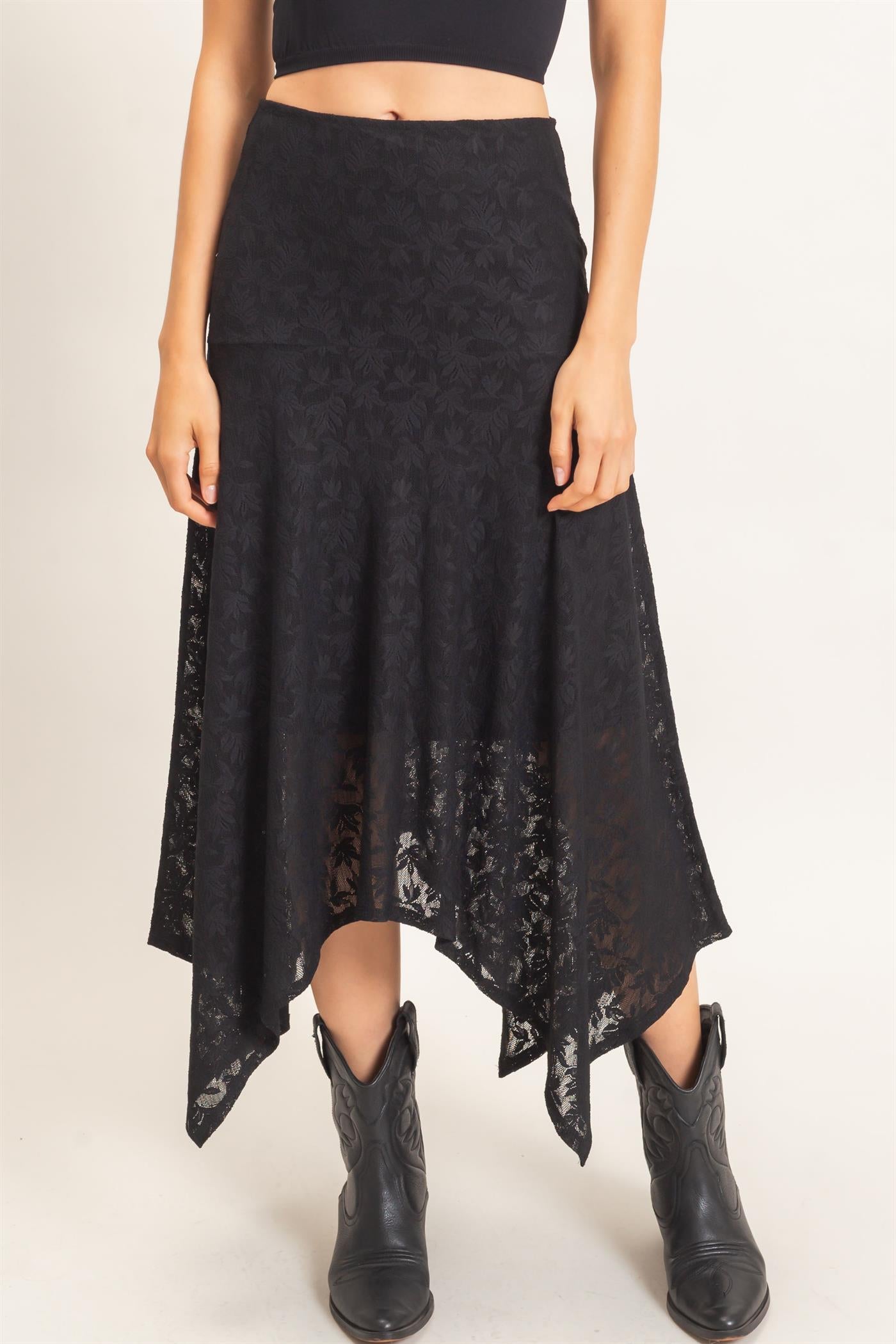 Wholesale Floral Lace Hanky Hem Skirt Skirts HF26E371 BLACK HYFVE