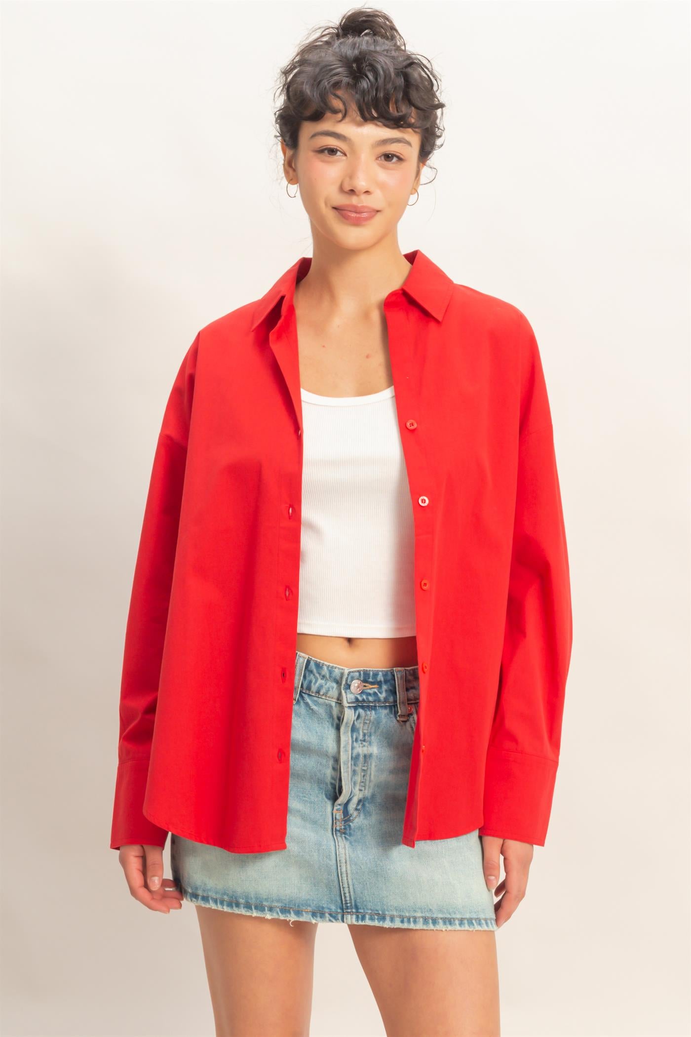 Wholesale Button Up Poplin Shirt Clothing Tops DZ26A330 RED HYFVE