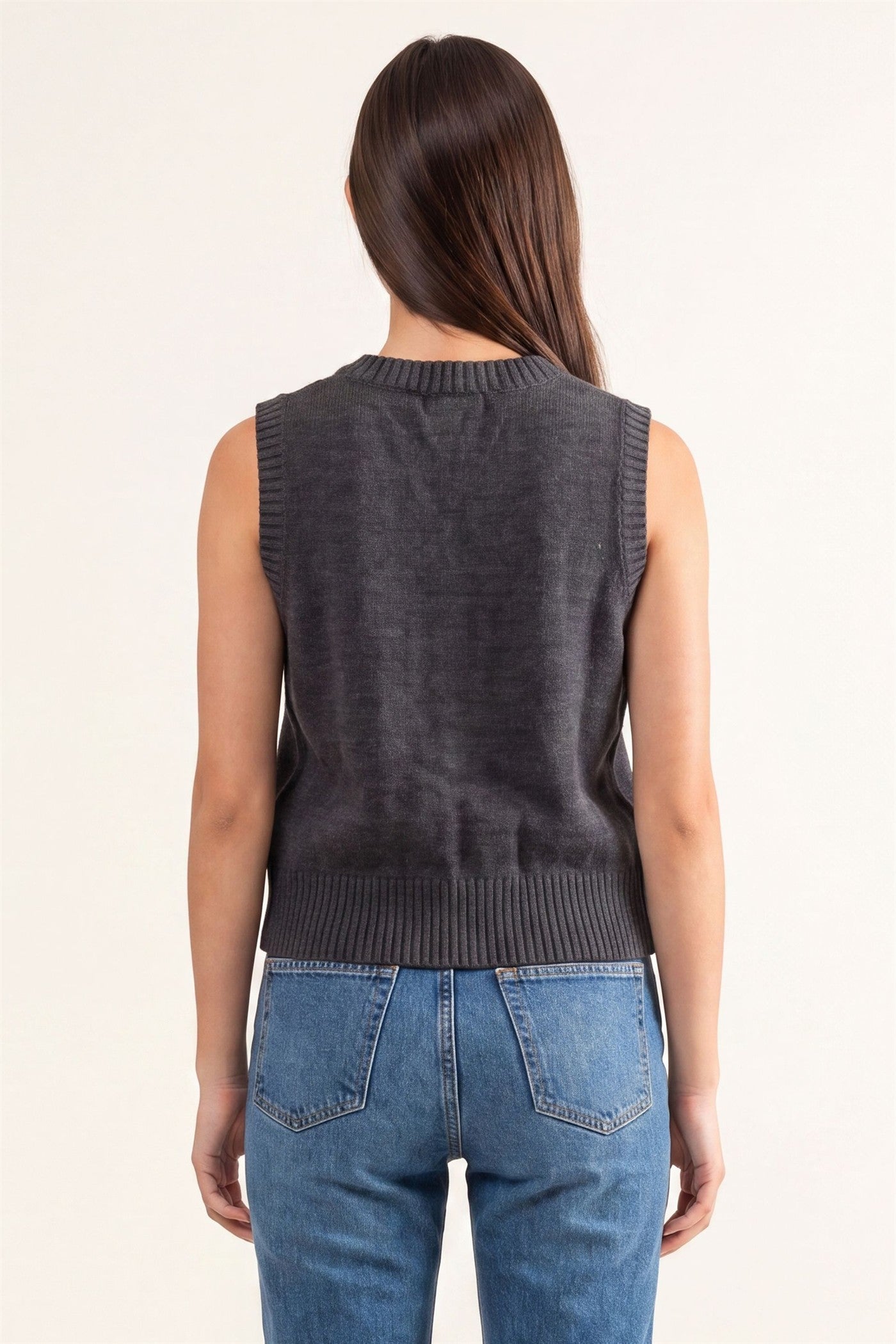 Wholesale Cable Knit V-Neck Sweater Vest Sweaters DZ26E548 CHARCOAL DOUBLE ZERO
