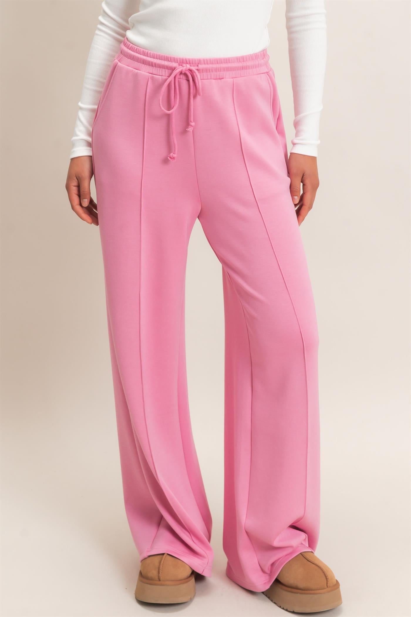 Wholesale Drawstring Waist Pintuck Wide Leg Pants Pants DZ26E384 PINK HYFVE