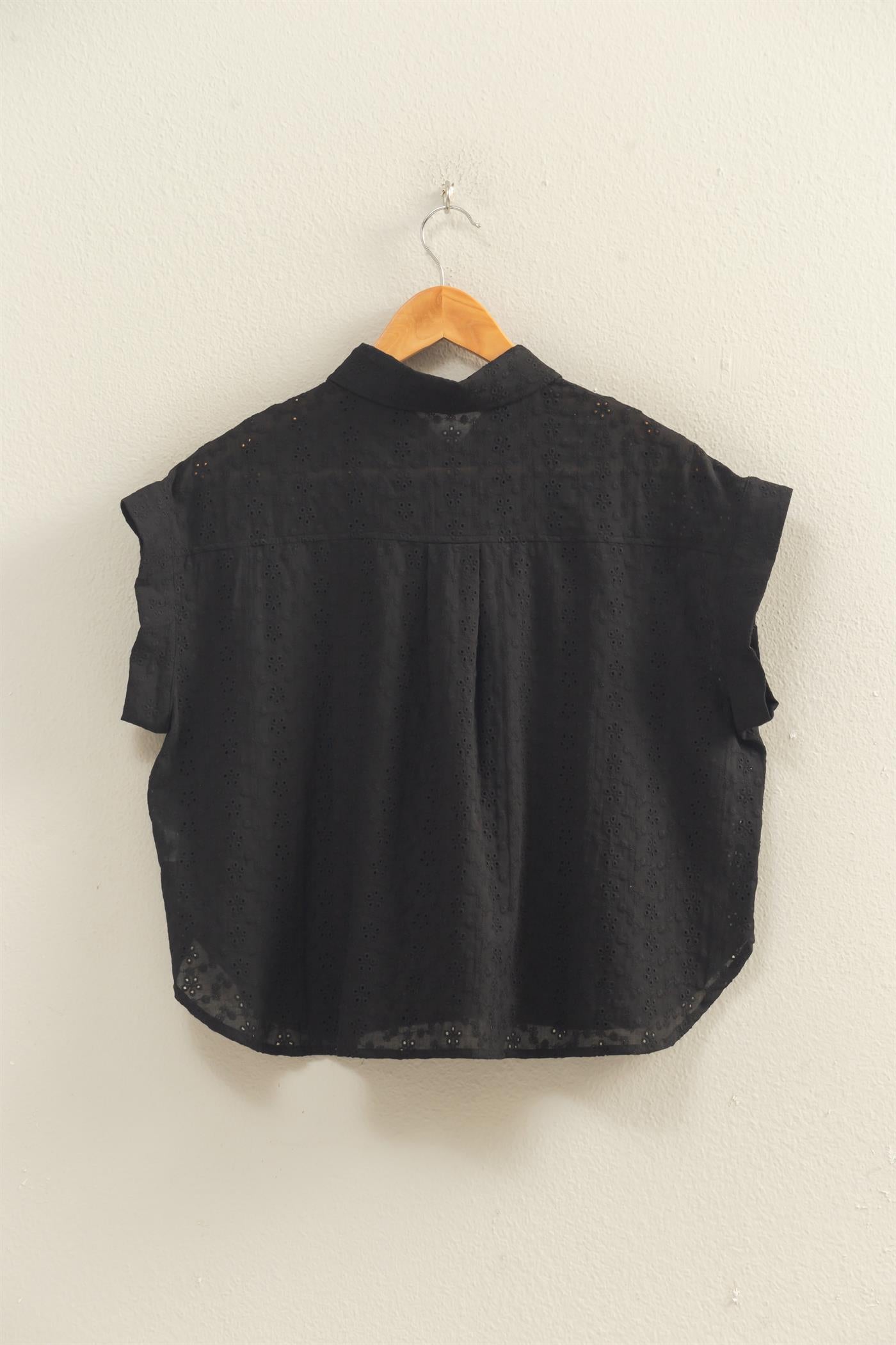 Wholesale Eyelet Dolman Short Sleeve Button Up Shirt Clothing Tops DZ26C088 BLACK DOUBLE ZERO
