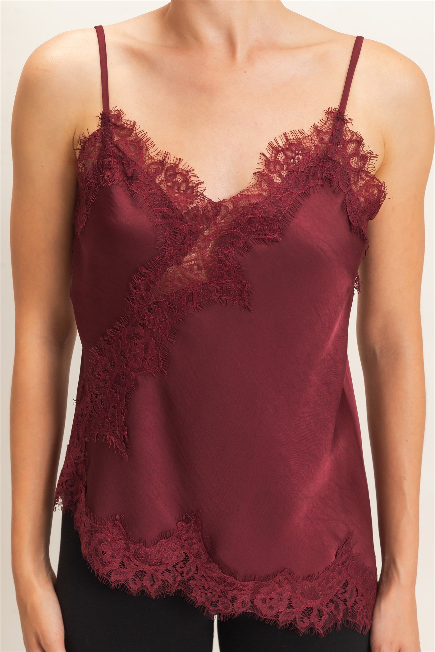 Wholesale Asymmetrical Satin Lace Top Camisoles HF26C945-D BURGUNDY HYFVE