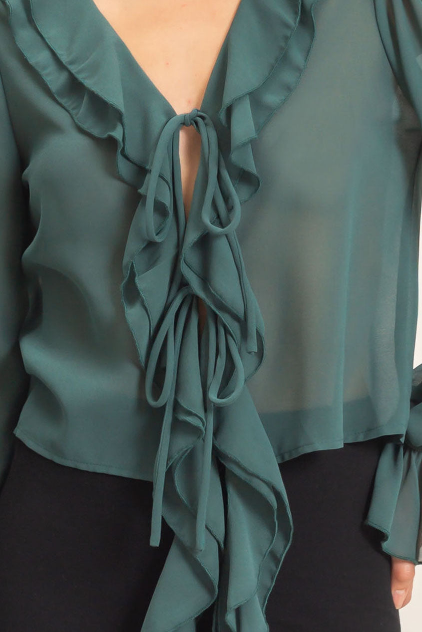 Wholesale Ruffled V-Neck Blouse Blouses HF26F066 TEAL GREEN HYFVE