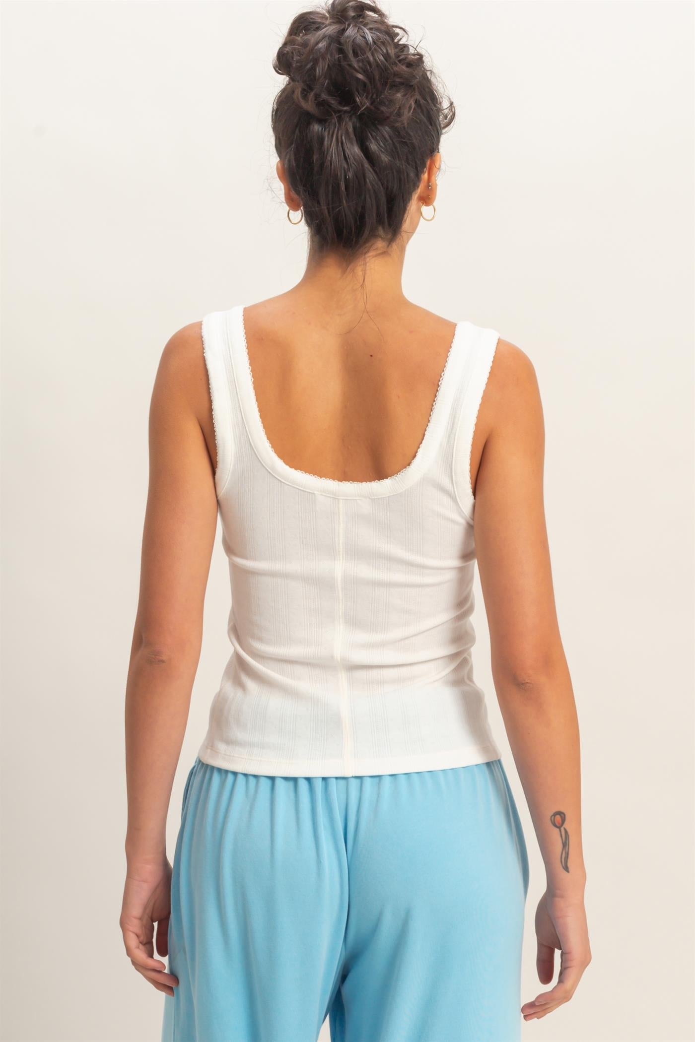 Wholesale Pointelle Button Front Scoop Neck Tank Top Tank Tops DZ26A775 WHITE DOUBLE ZERO