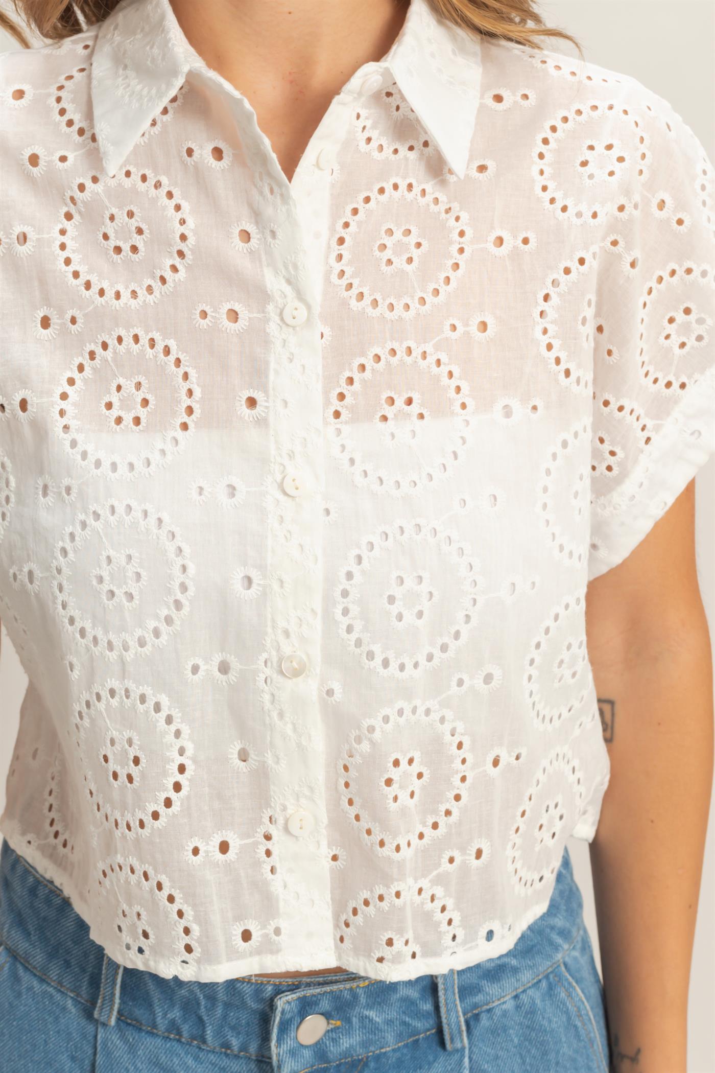 Wholesale Eyelet Cropped Button-Up Shirt Clothing Tops HF26C297 OFF WHITE HYFVE
