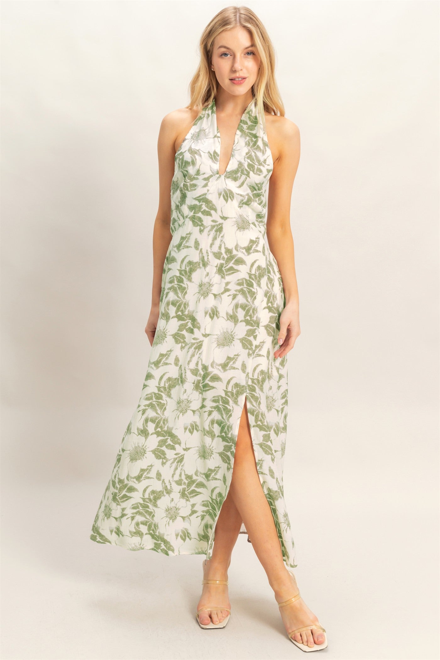 Wholesale Floral Halter Neck Dress Dresses HF26C752 LIGHT OLIVE HYFVE