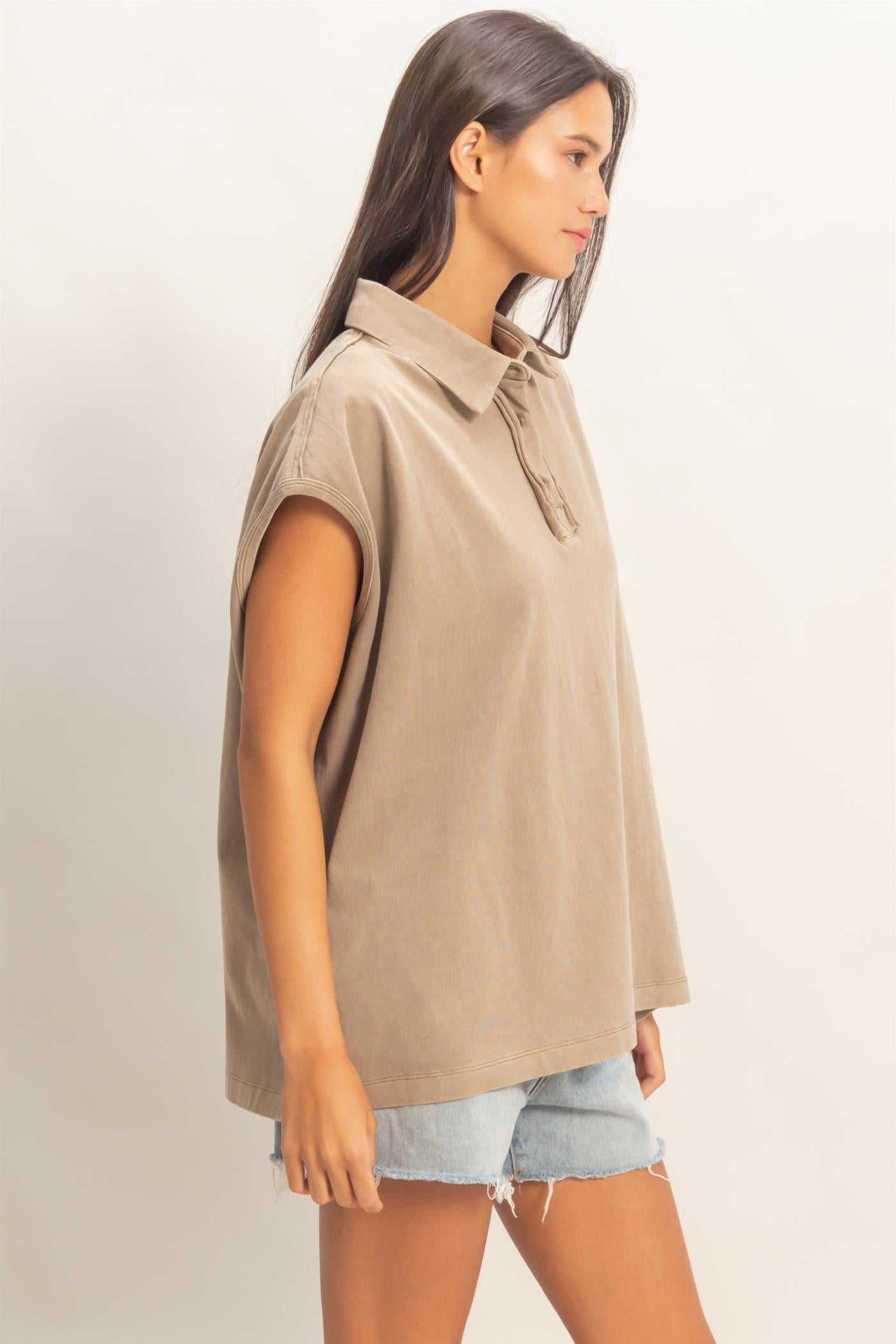 Wholesale Pigment Dye Sleeveless Polo Oversized Top Clothing Tops DZ26C618 MOCHA DOUBLE ZERO