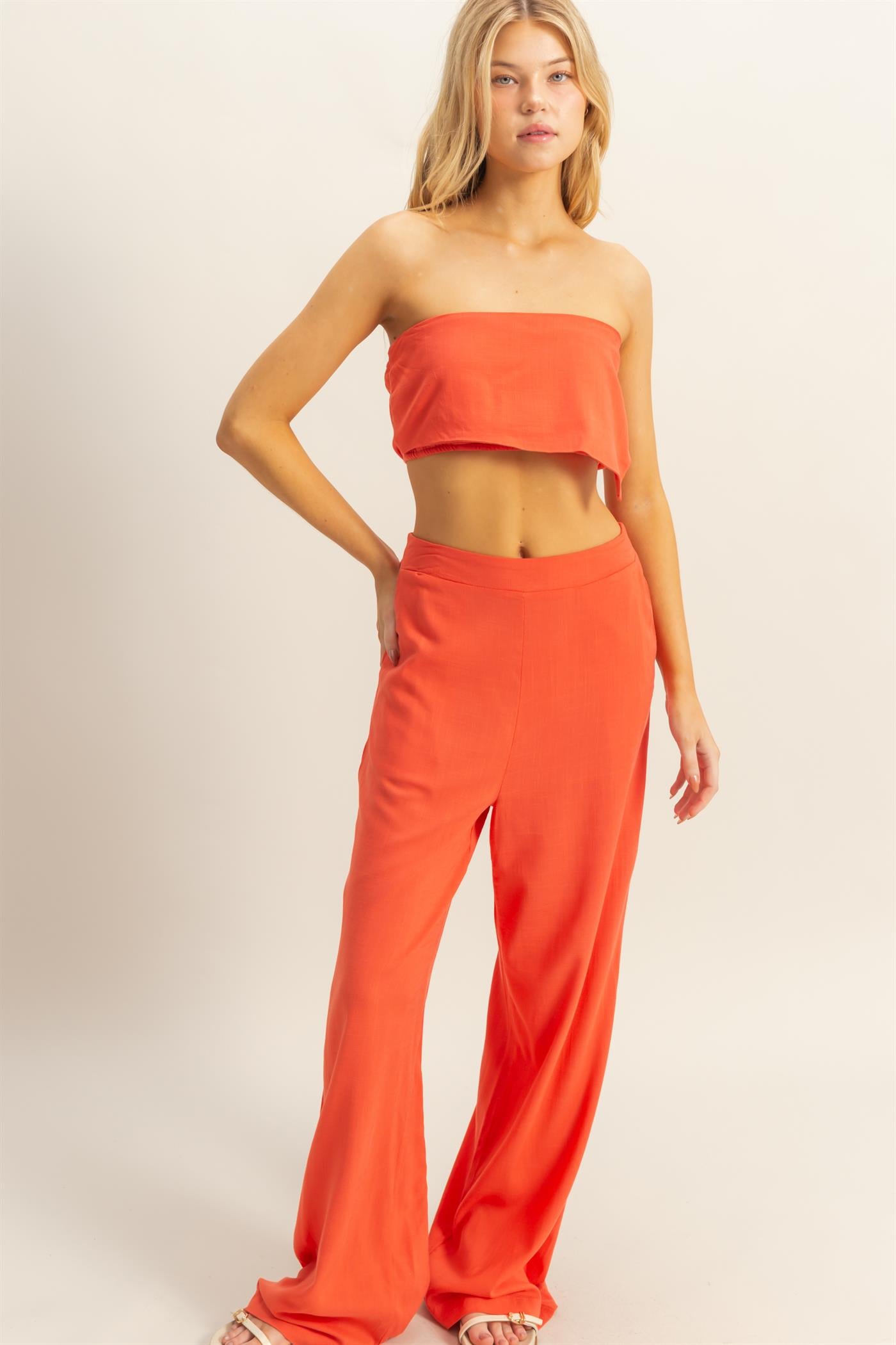 Wholesale Stretch Linen Top And Pants Set Clothing HF25E016-SET ORANGE RED HYFVE