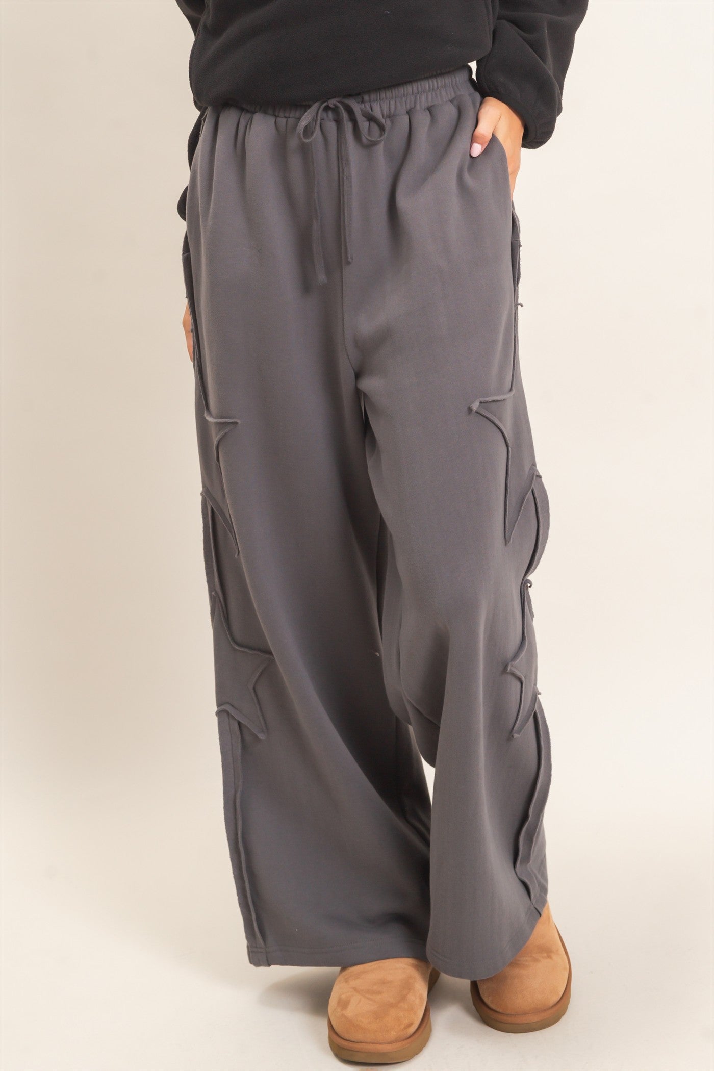 Wholesale French Terry Star Patch Sweatpants Pants DZ27A197 CHARCOAL DOUBLE ZERO