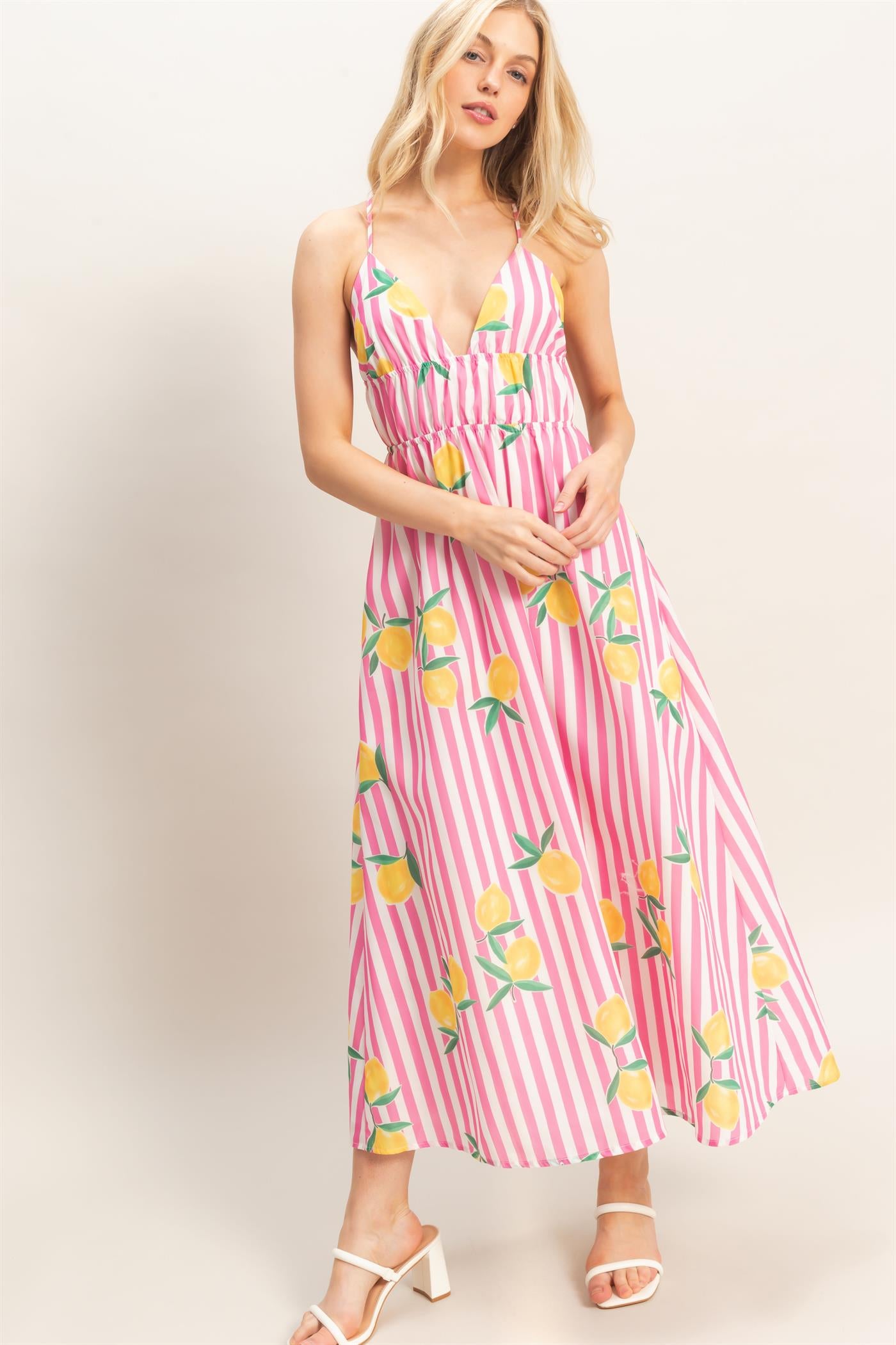 Wholesale Striped Lemon Print Midi Dress Dresses HF26C269 PINK HYFVE