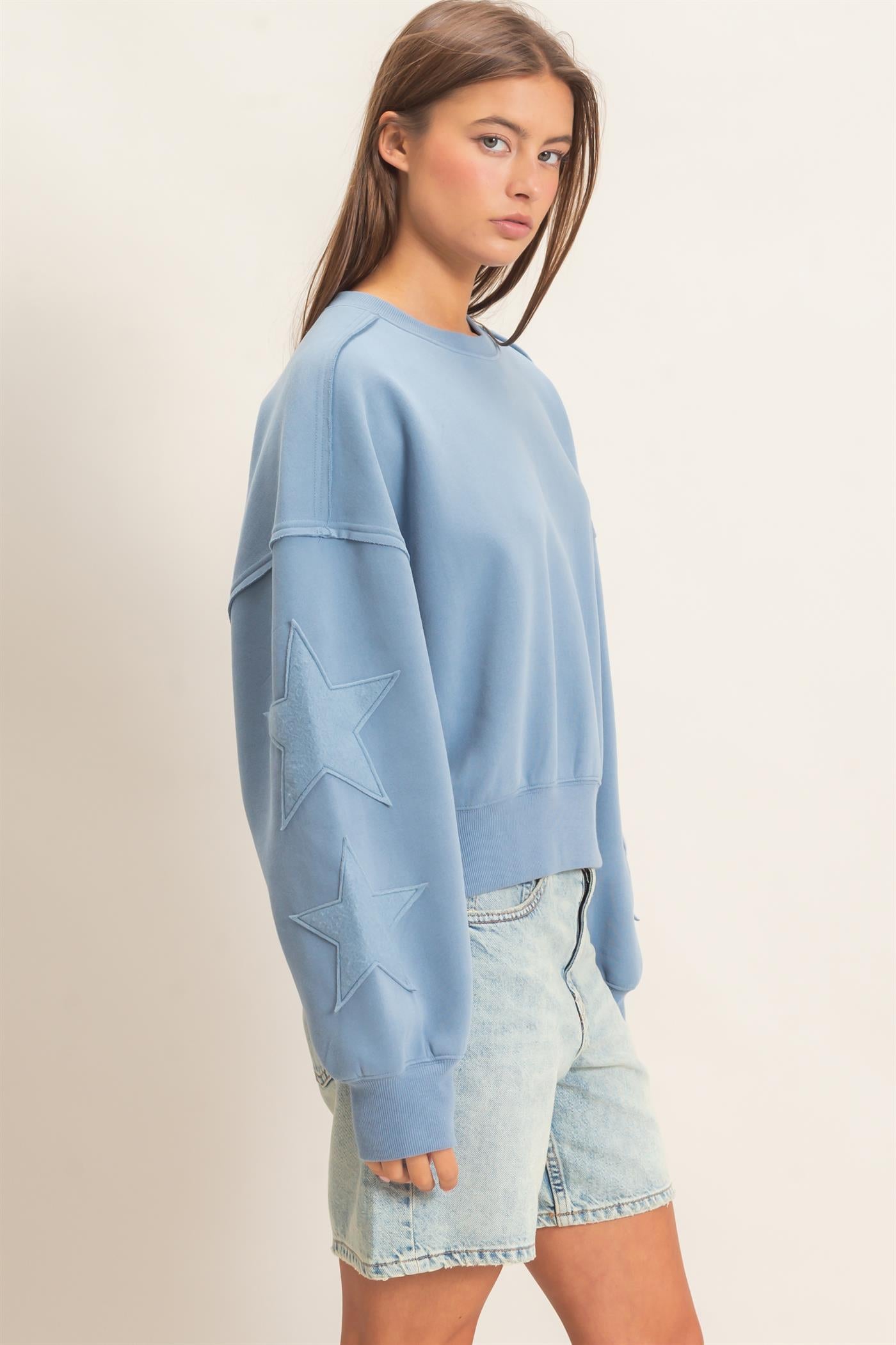 Wholesale Star Patch Sleeve Sweatshirt Sweatshirts DZ26E888 DUSTY BLUE DOUBLE ZERO