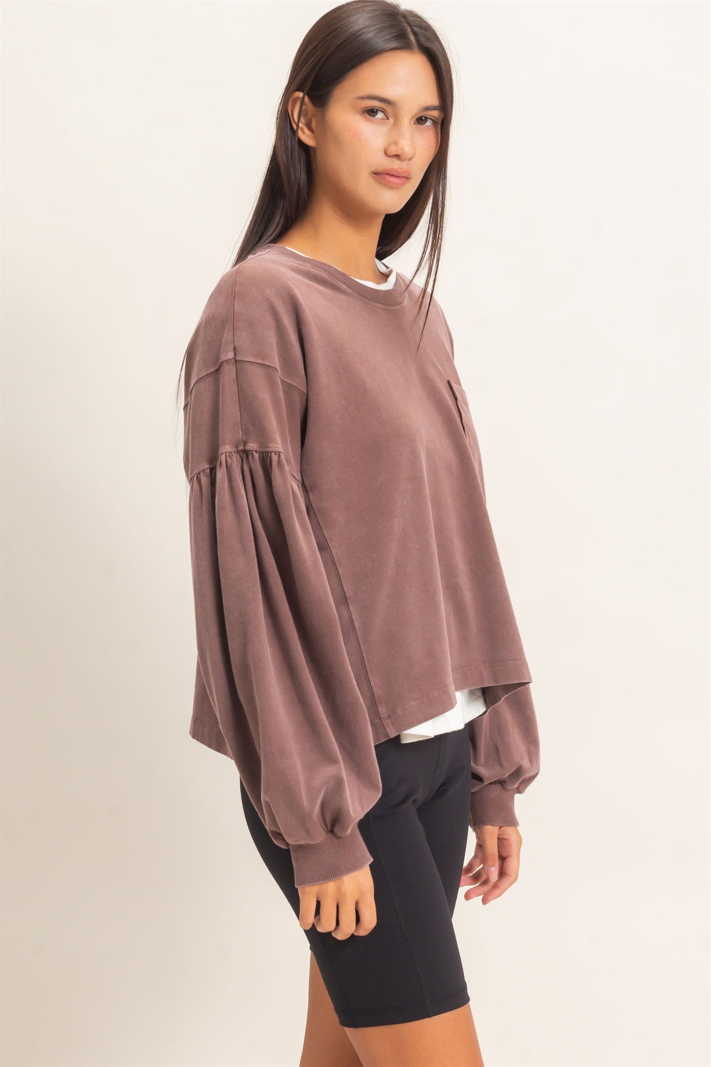 Wholesale Mineral Wash Puff Long Sleeve Boxy Top Clothing Tops DZ26F402 DARK BROWN DOUBLE ZERO