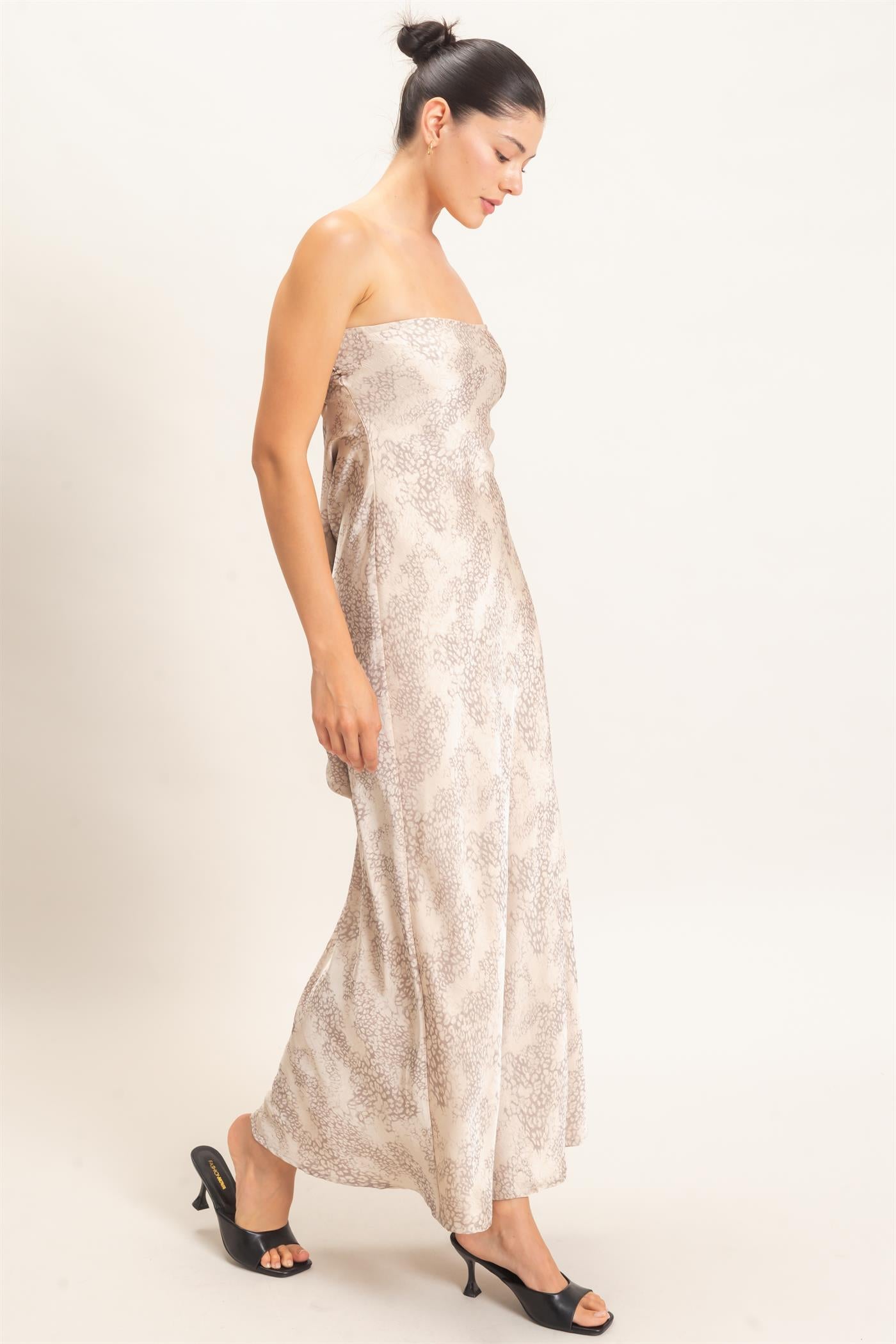 Wholesale Satin Patterned Maxi Dress Dresses HF26F029 TAUPE HYFVE