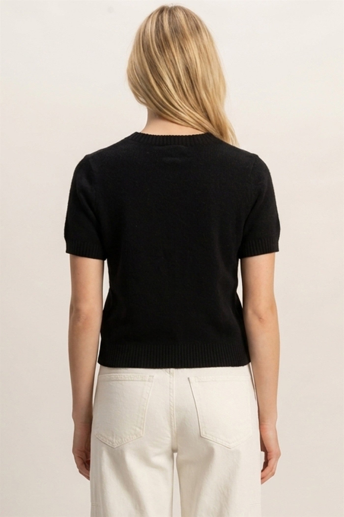 Wholesale Crew Neck Short Sleeve Cardigan Cardigans DZ26E108 BLACK DOUBLE ZERO