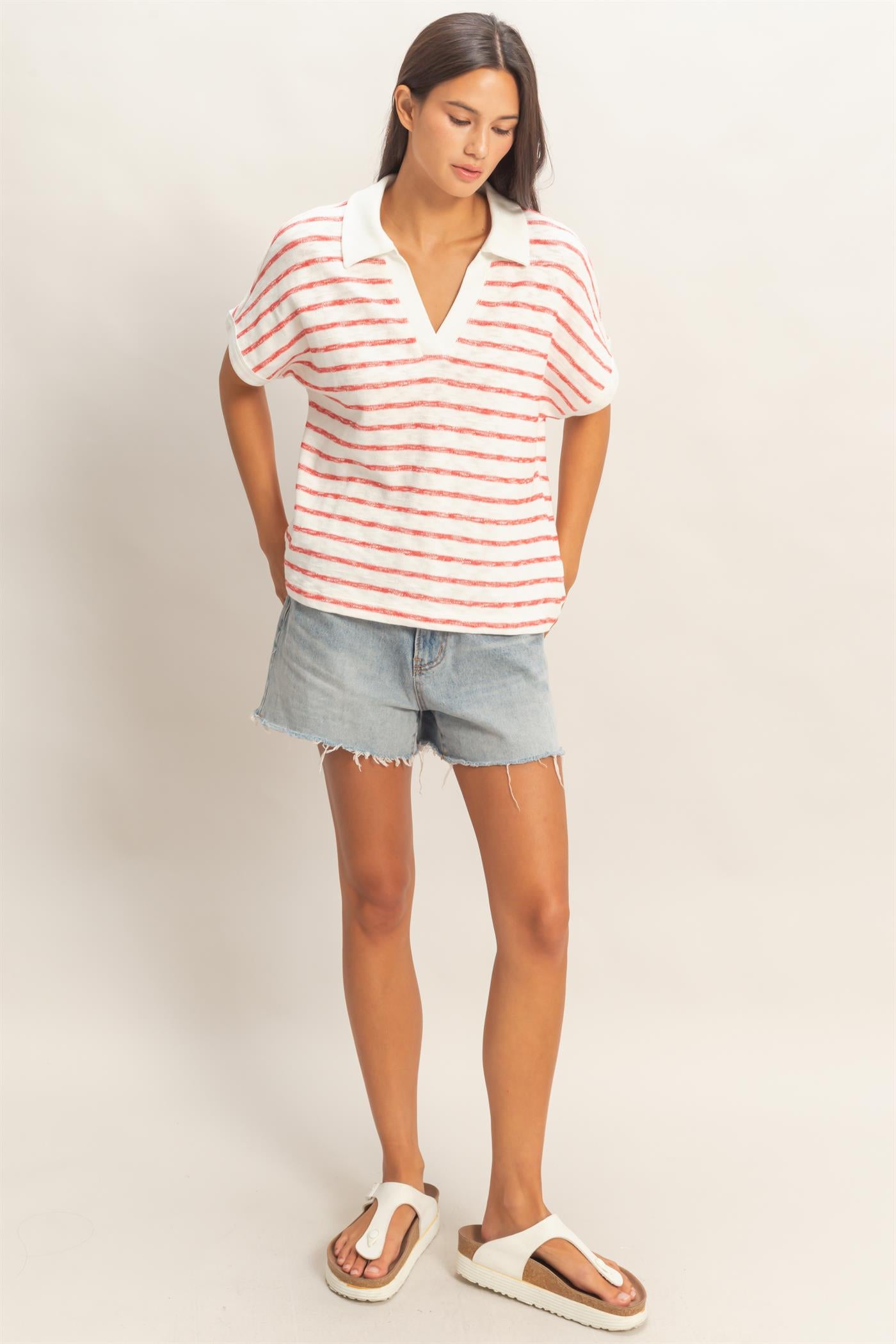 Wholesale Striped Dolman Sleeve V-Neck Collared Top Clothing Tops DZ26A452 RED DOUBLE ZERO