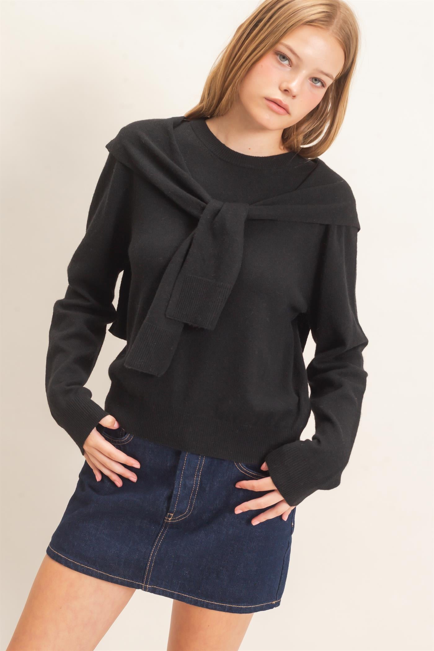 Wholesale Crew Neck Sweater With Faux Wrap Sweaters HF26E698 BLACK HYFVE