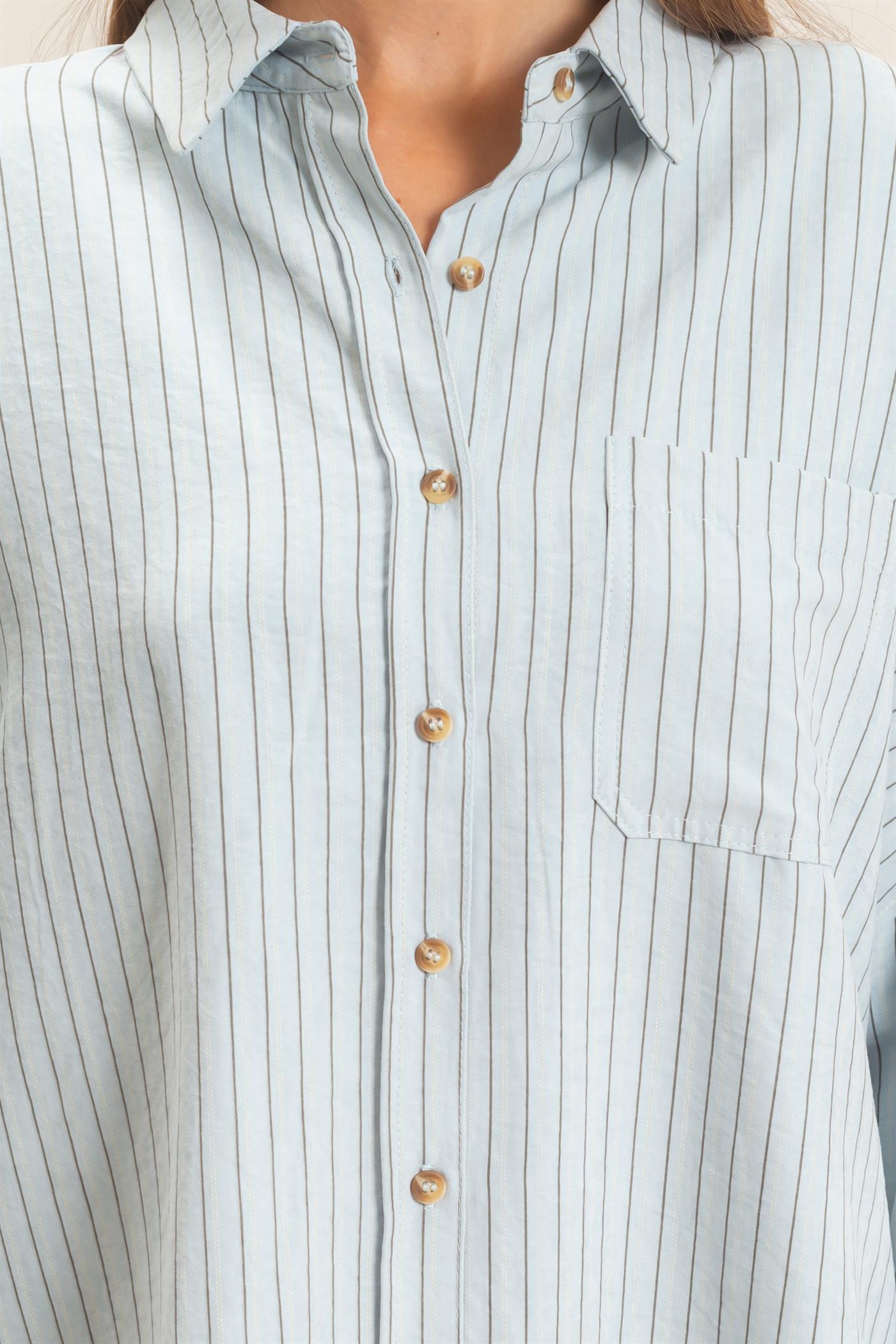 Wholesale Striped Button-Up Shirt Shirts HF26F134 BLUE HYFVE