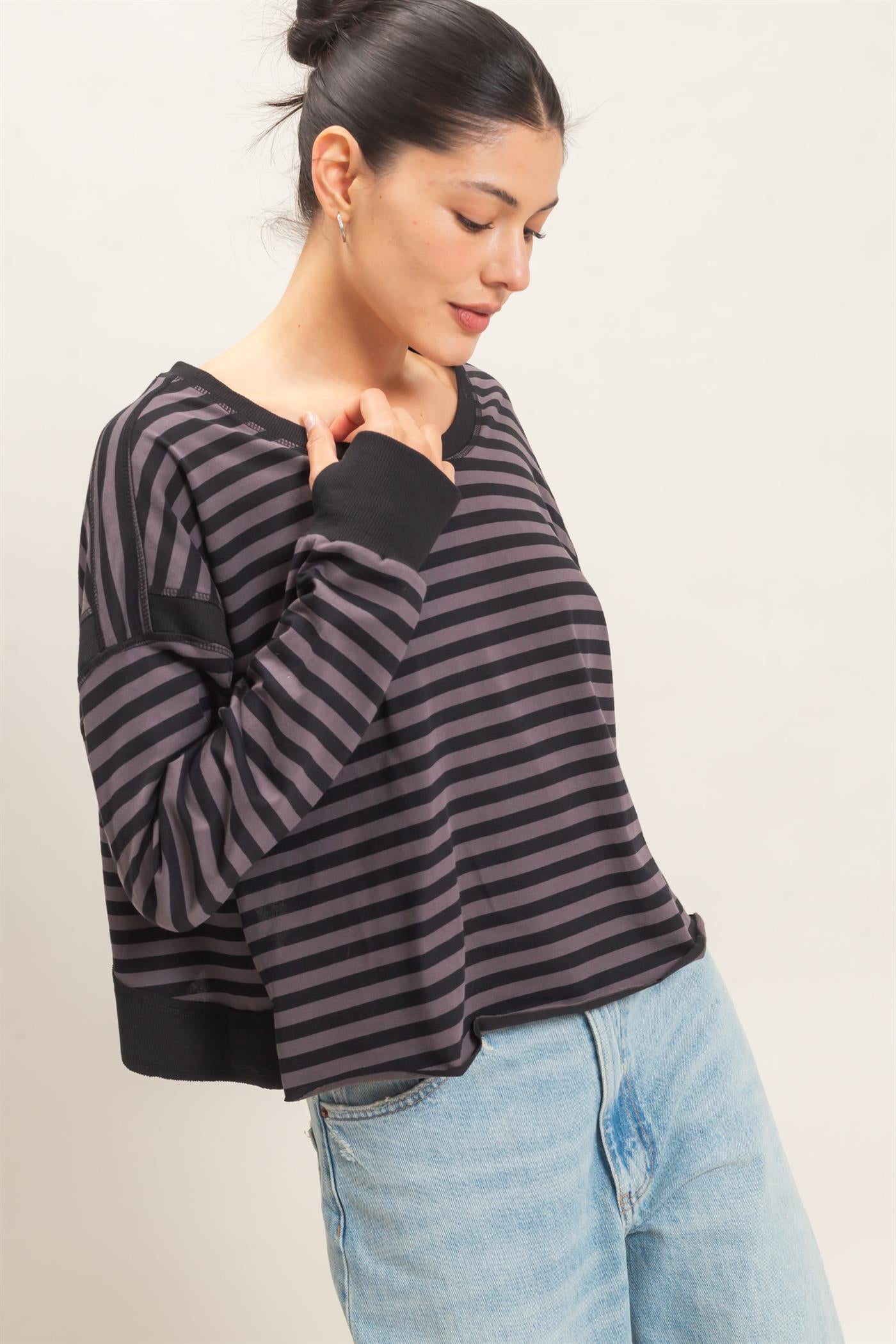 Wholesale Striped Long Sleeve Top Clothing Tops HF26C908-D CHARCOAL HYFVE