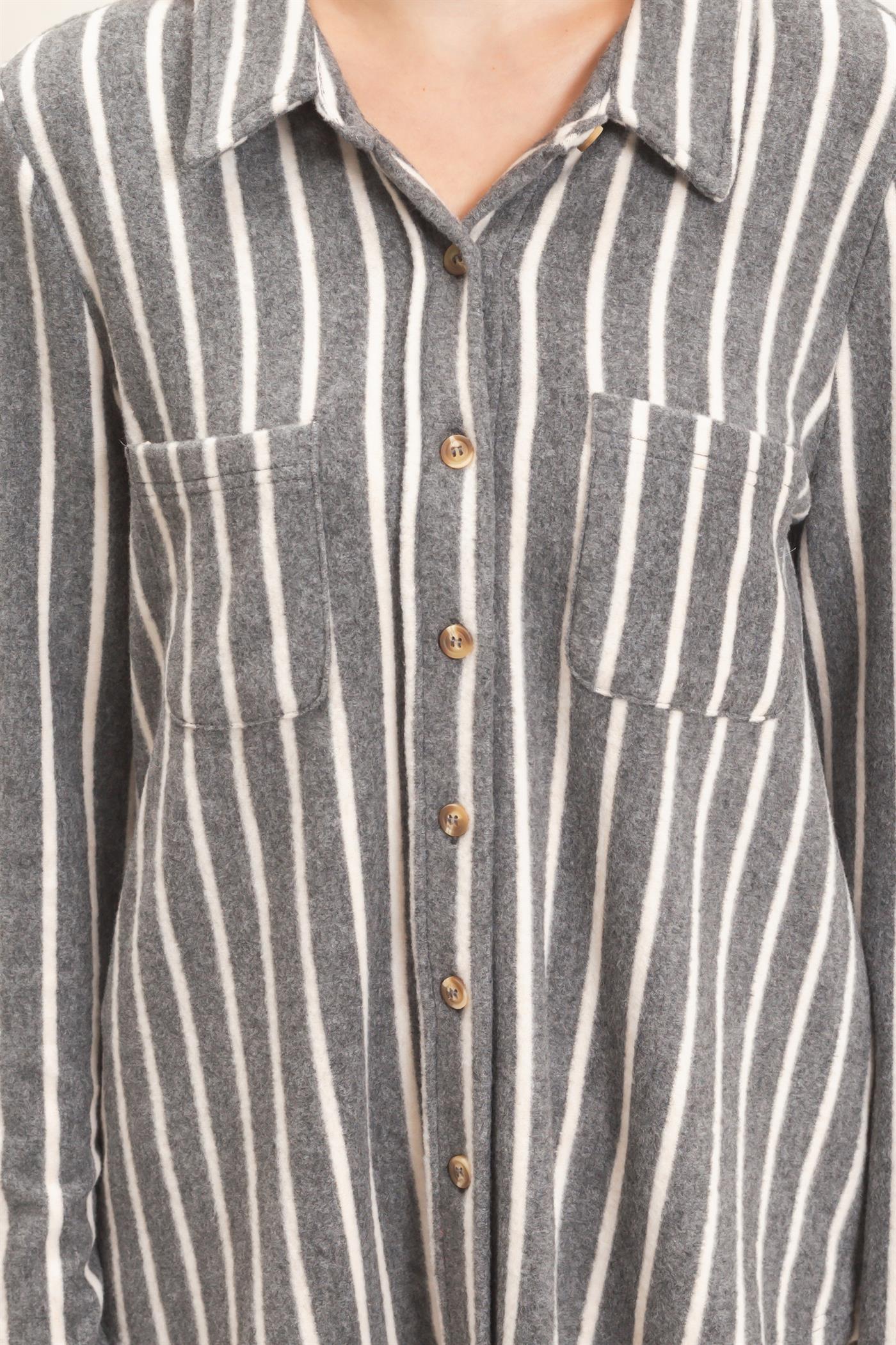 Wholesale Striped Button-Up Knit Shirt Clothing Tops HF26E189 GRAY HYFVE