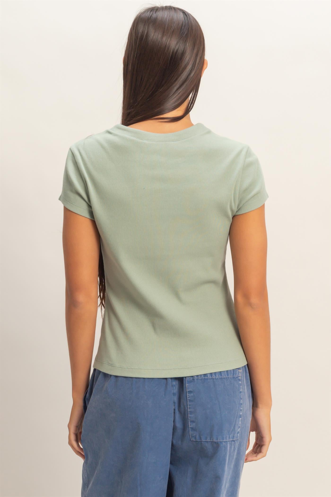 Wholesale Ribbed Button-Front Crew Neck Top Clothing Tops DZ26A727 SAGE GREEN DOUBLE ZERO