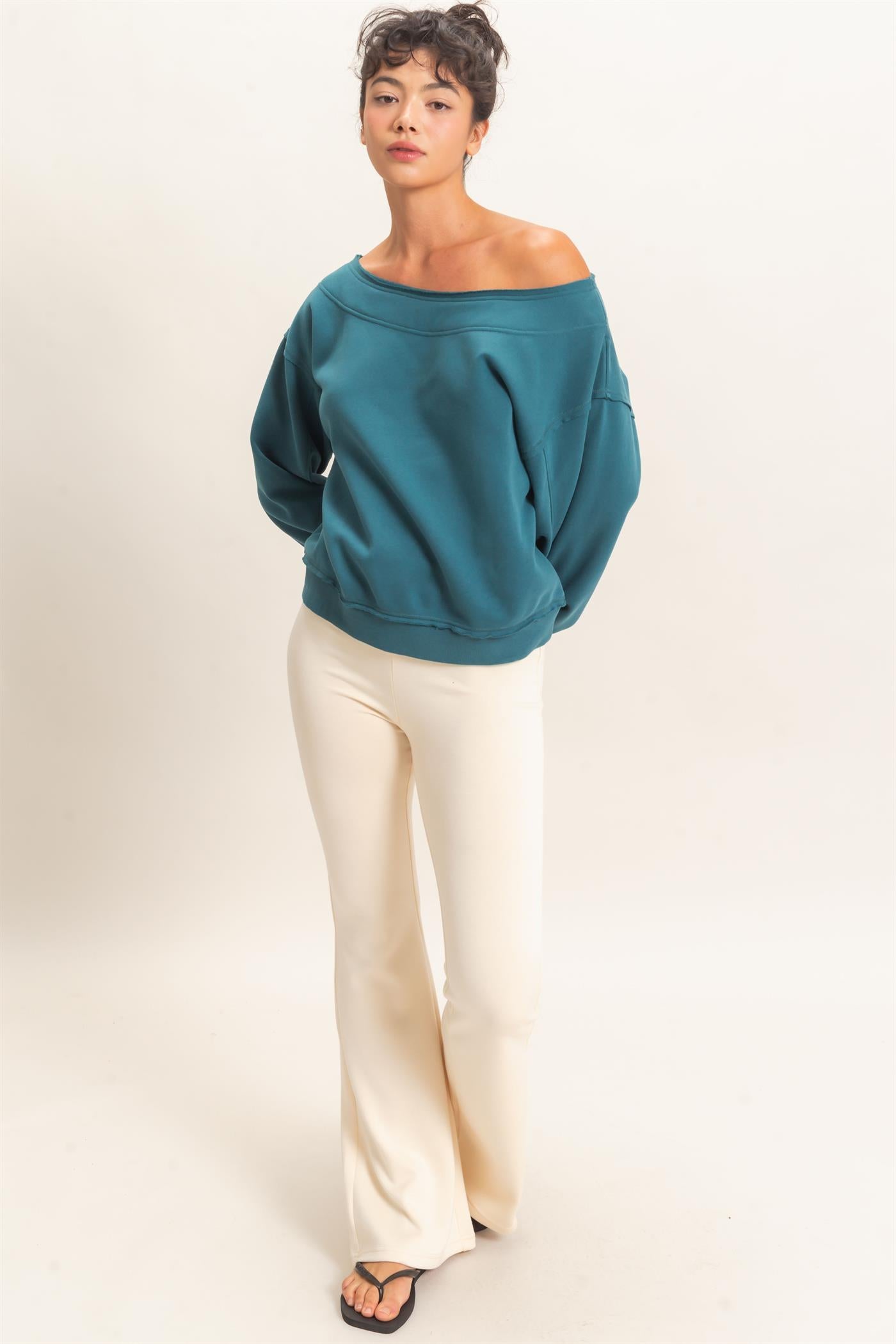 Wholesale Off Shoulder Sweatshirt Sweatshirts DZ26C880 DARK TEAL DOUBLE ZERO