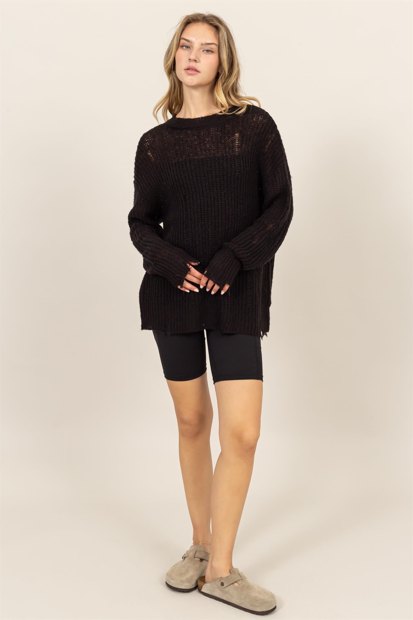 Wholesale Distressed Knit Sweater Sweaters DZ23F192 BLACK DOUBLE ZERO