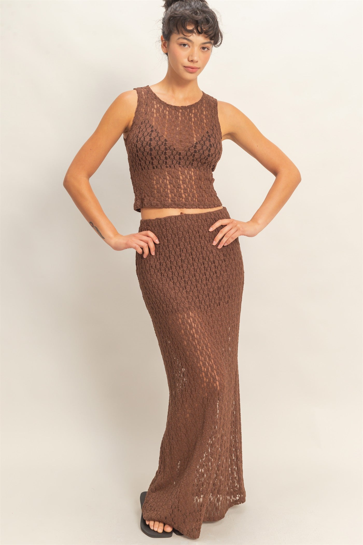 Wholesale Round Neck Lace Top & Lace Maxi Skirt Set Clothing DZ26C670-SET CHOCOLATE DOUBLE ZERO