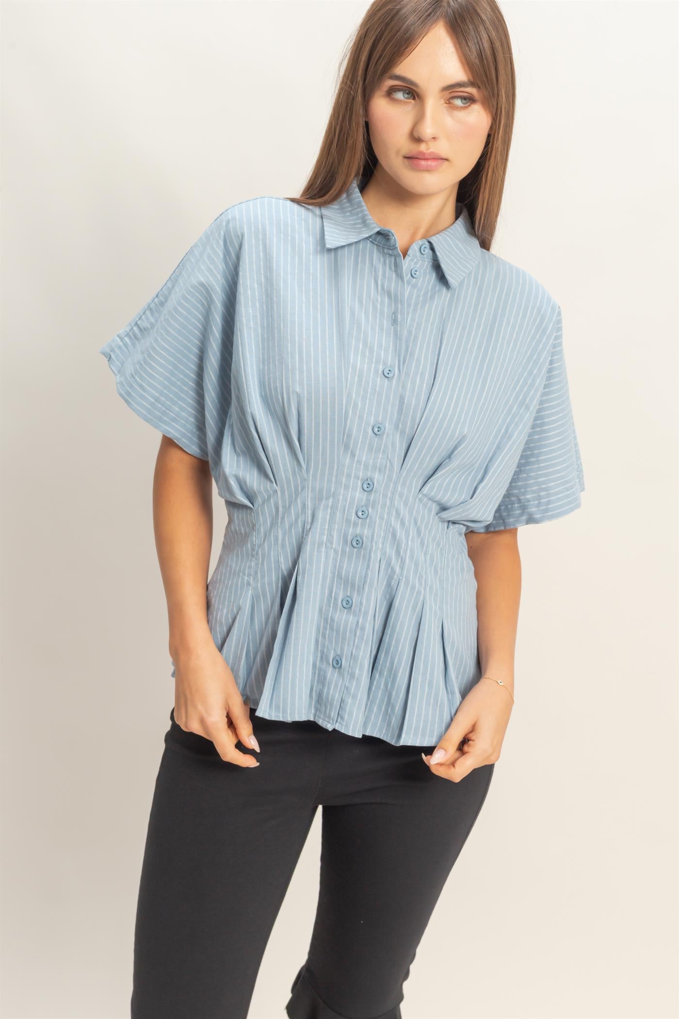 Wholesale Pleated Button-Up Shirt Shirts HF26A092 L.BLUE DOUBLE ZERO